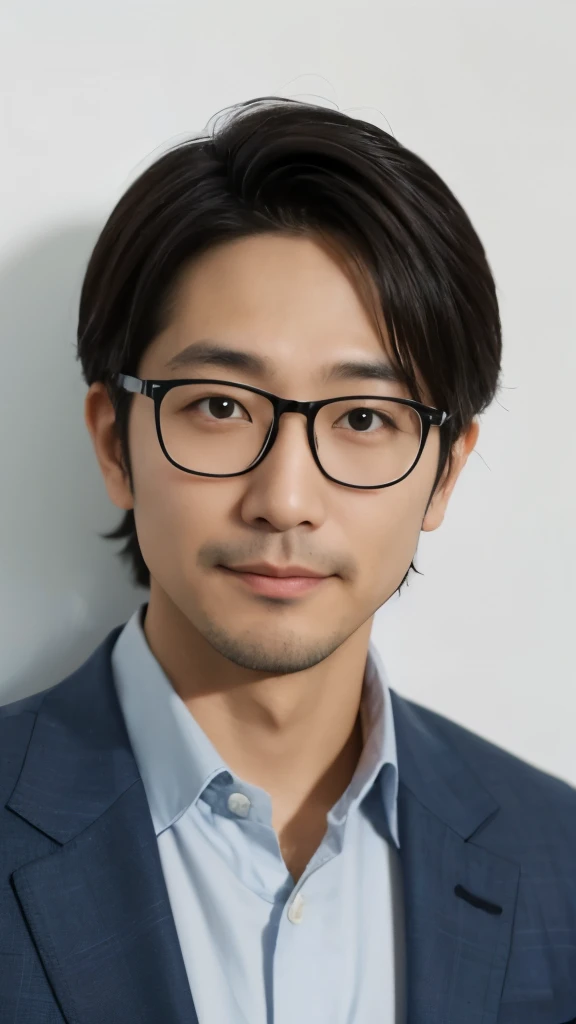 Create a high-resolution, realistic image of a 36-year-old Japanese male, upper body, looking into the camera. Features include a pair of stylish glasses, a confident, approachable smile, and short, neatly groomed hair. He should be dressed in smart casual attire, featuring a crisp button-down shirt and a blazer, which reflects his professional role as a system engineer. The overall look is complemented by a subtle, tech-inspired watch.