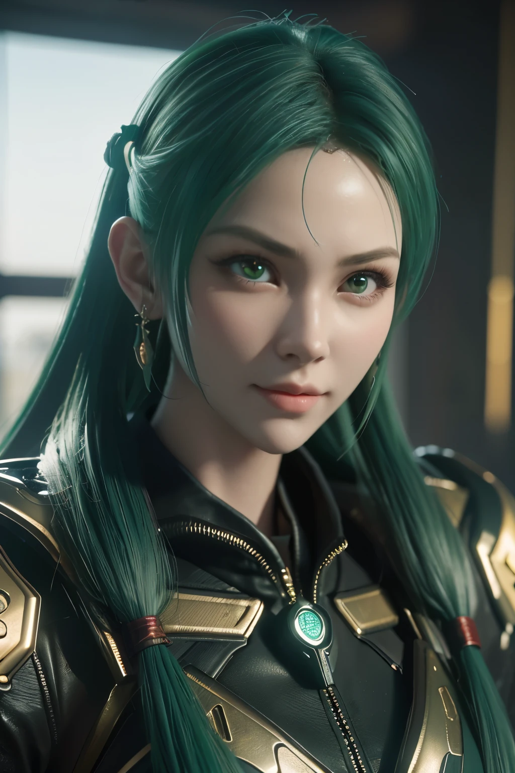 Game art，The best picture quality，Highest resolution，8K，(A bust photograph)，(Portrait)，(Head close-up:1.5)，(Rule of thirds)，Unreal Engine 5 rendering works， (The Girl of the Future)，(Female Warrior)， 22岁少女，(Female hackers)，(Dark green gradient，Ancient Oriental hairstyle)，((The pupils of the red eyes:1.3))，(A beautiful eye full of detail)，(Big breasts)，(Eye shadow)，优雅迷人，冷漠，((Anger))，(Cyberpunk jacket full of futuristic look，Joint Armor，There are exquisite Chinese patterns on the clothes，A flash of jewellery)，赛博朋克人物，未来风格， 拍照姿势，城市背景，Movie lights，Ray tracing，Game CG，((3D Unreal Engine))，oc渲染反射纹