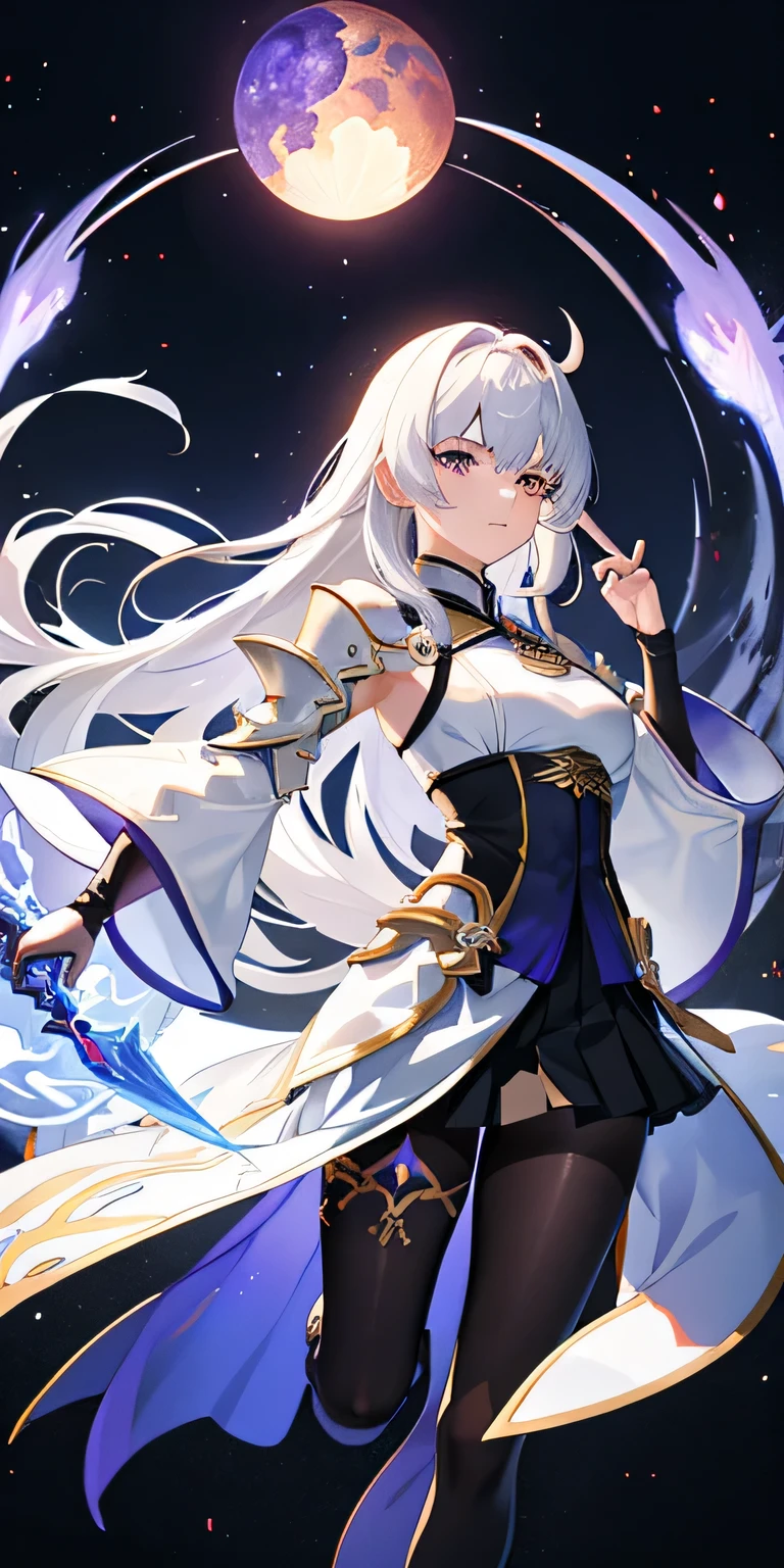 1girl, hanfu, knee armor , armor leggings, medium length skirt, white hair, angry face, tall, silver pauldron on the left, pantyhose, mature body, purple eyes, magic circle, blue fire, blue flames, wallpaper, landscape, dao sword, depth of field, night, light particles, light rays, sidelighting, thighs, fate \(series\), genshin impact, ****, cloud
