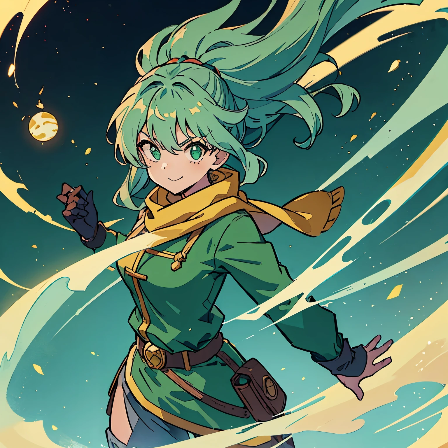 Female, woman, race: “Cerealian from Dragon Ball Super Manga”, mint green hair, has light skin, (wavy mint green hair), long hair, large hair bangs, (one left mint green eye) and (one right red eye), (attire consists of a dark green shirt under a green coat with yellow buttons), (a long brown scarf), a brown dual-buckled belt, (brown gloves and boots), (masterpiece), best quality, solo, 1girl, long wild spiky wavy hair, (brown sash belt), a cartoon character with mint green hair, long hair, hair over shoulders, mane of hair down back, ((looking at viewer)), smile