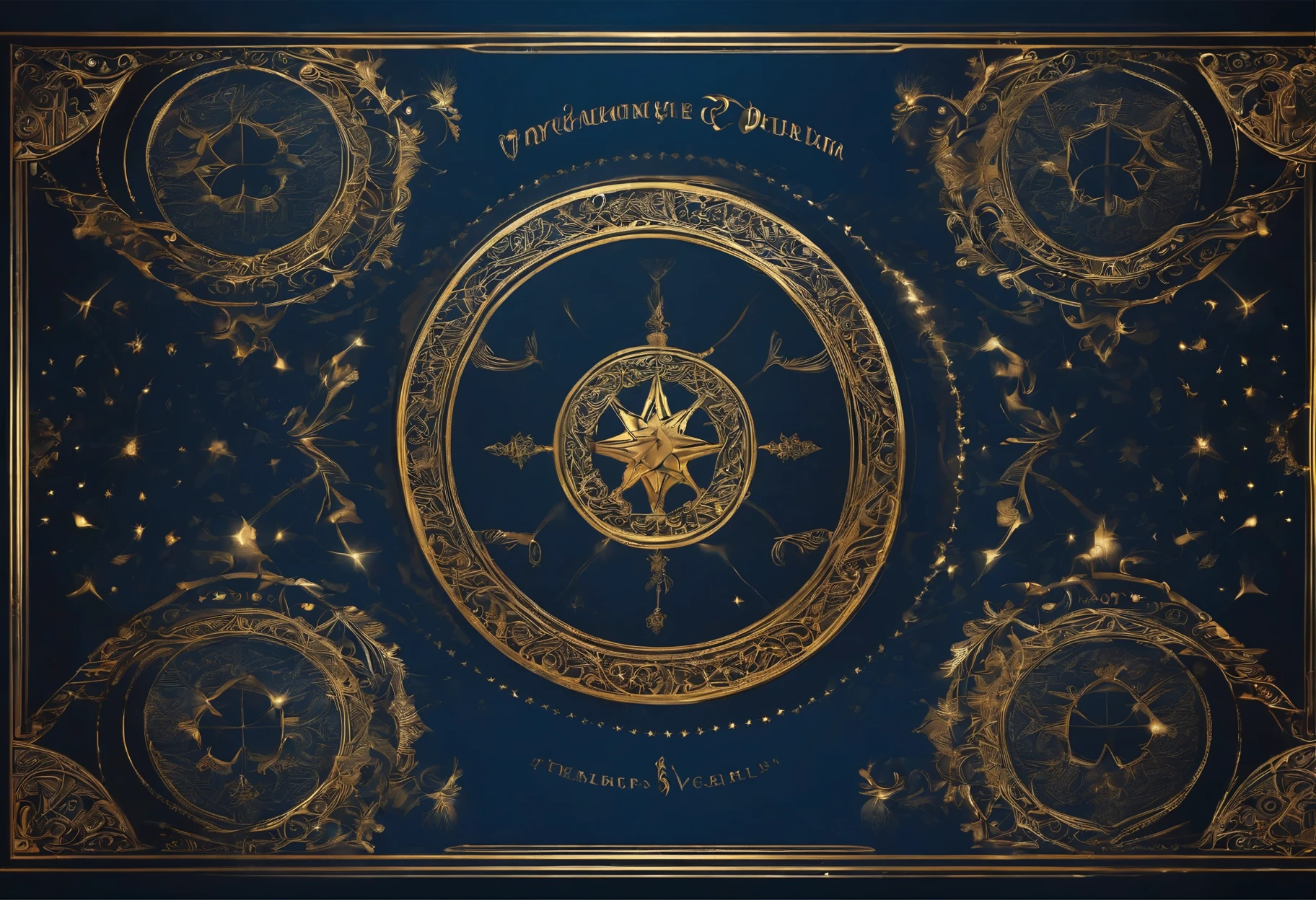 Book cover printing design sheet、Magic book、Magic circle with complex patterns、Golden lines are the main tone on a dark blue background