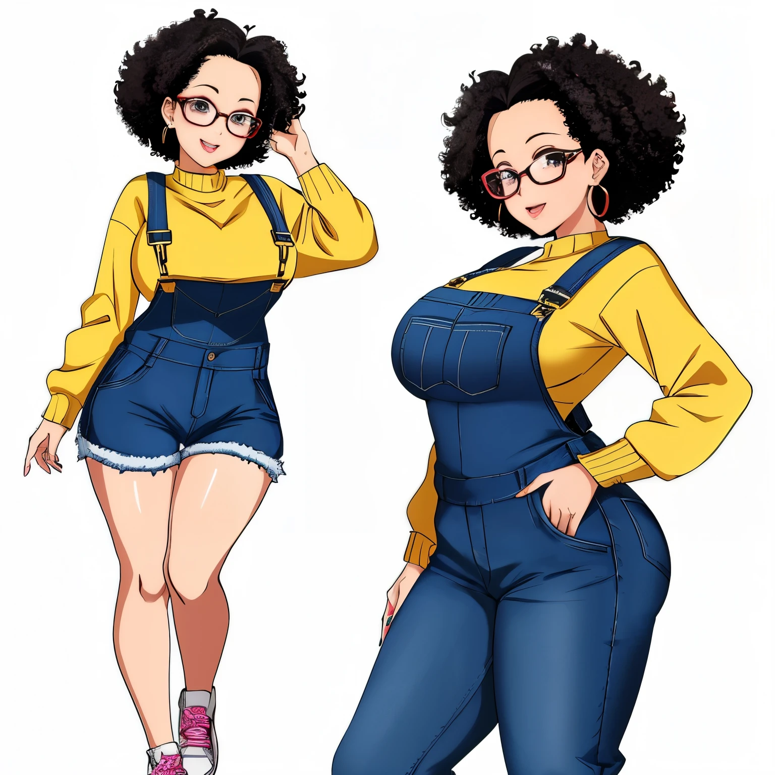anime woman、highest quality:1.2),detailed face, lady、Glasses、Afro、short hair、very short hair、curly hair、Forehead、Ribbon on the head、big earrings、passion、big breasts, big ass, Denim Overalls、sweater、sneakers、whole body