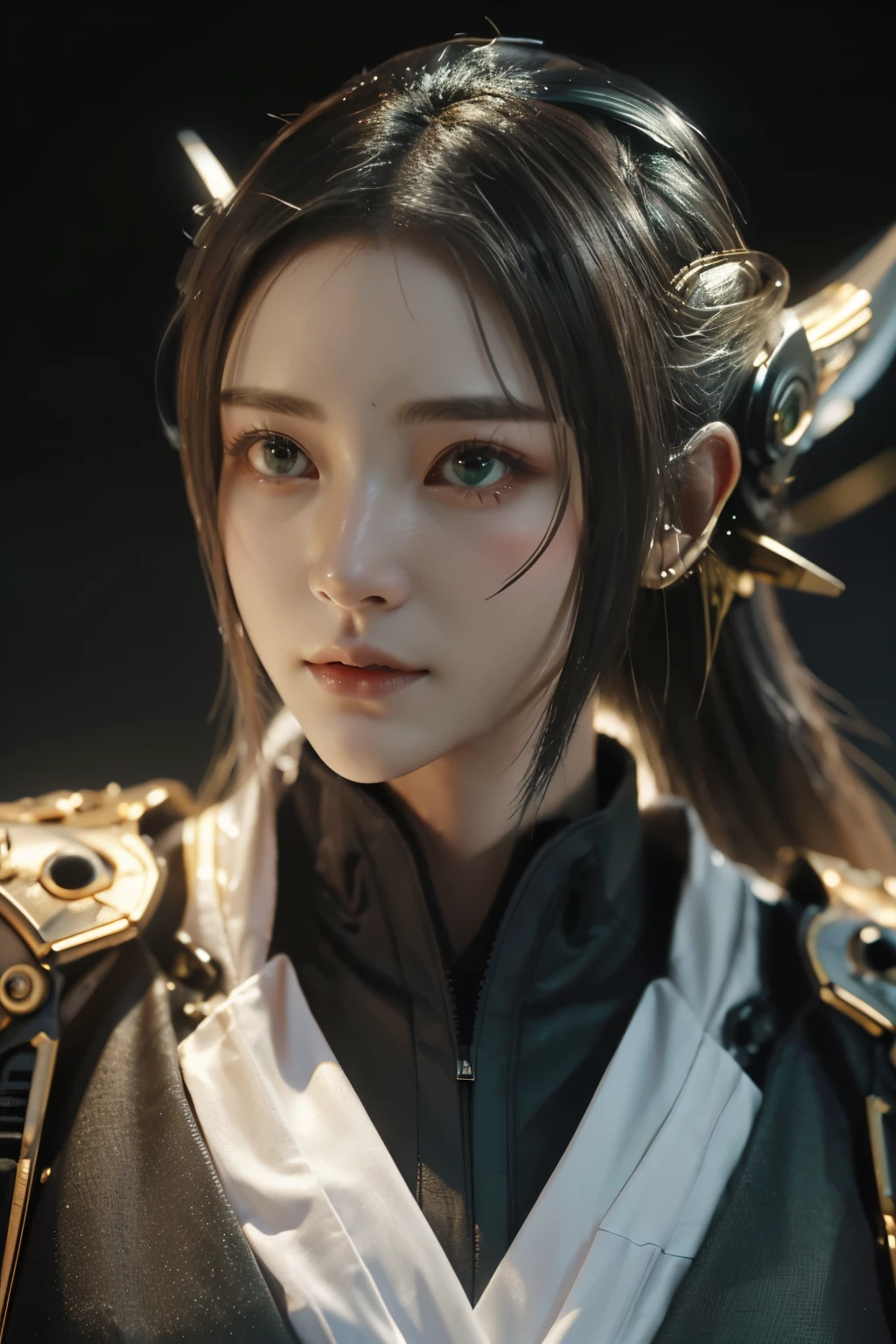 Game art，The best picture quality，Highest resolution，8K，(A bust photograph)，(Portrait)，(Head close-up:1.5)，(Rule of thirds)，Unreal Engine 5 rendering works， (The Girl of the Future)，(Female Warrior)， 22岁少女，(Female hackers)，(Dark green gradient，Ancient Oriental hairstyle)，((The pupils of the red eyes:1.3))，(A beautiful eye full of detail)，(Big breasts)，(Eye shadow)，优雅迷人，冷漠，((Anger))，(Cyberpunk jacket full of futuristic look，Joint Armor，There are exquisite Chinese patterns on the clothes，A flash of jewellery)，赛博朋克人物，未来风格， 拍照姿势，城市背景，Movie lights，Ray tracing，Game CG，((3D Unreal Engine))，oc渲染反射纹