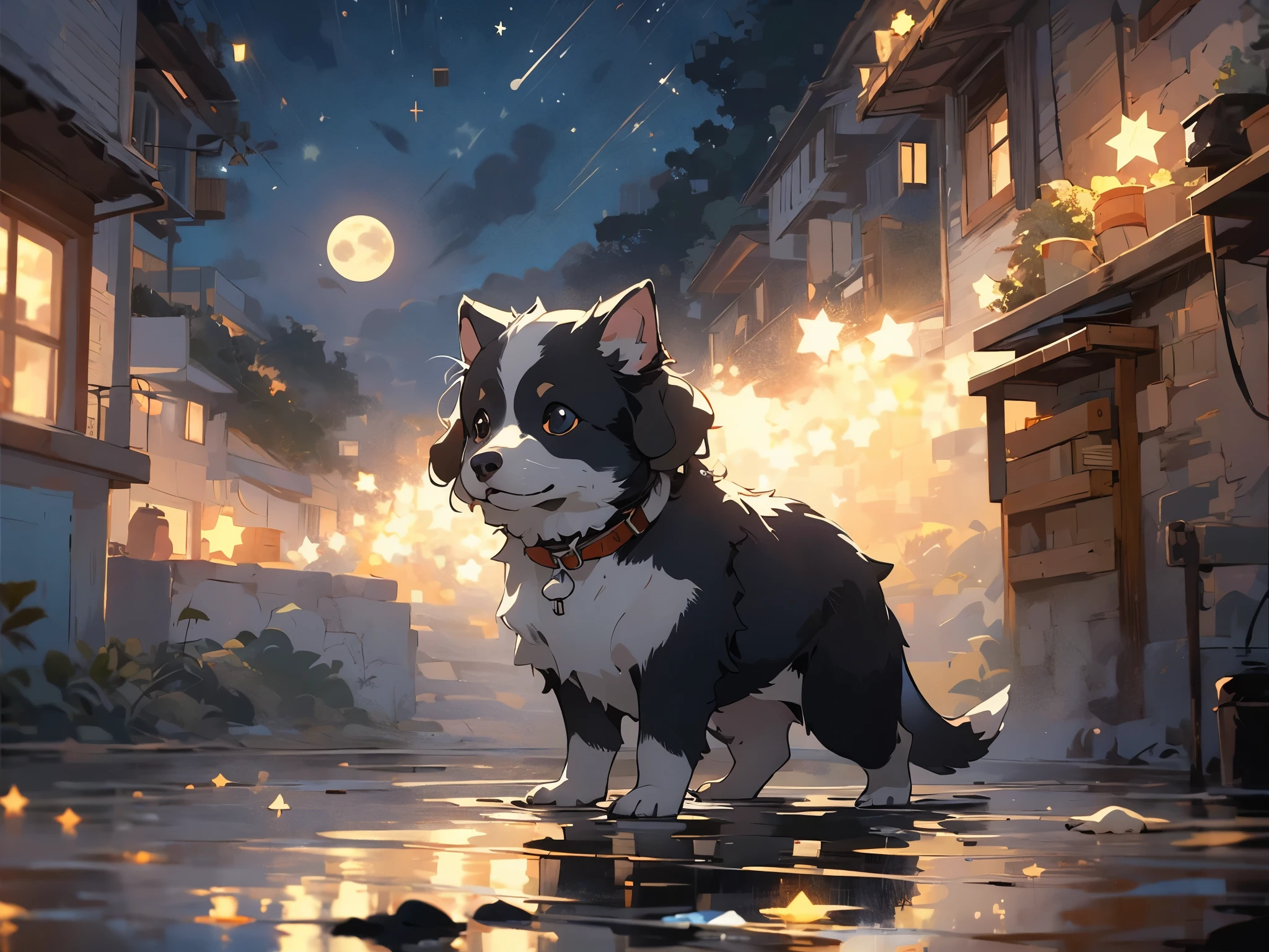 ((Masterpiece)), ((Best quality)), 1dog, Anime puppy, night time, moon, stars, blue collar, fluffy
