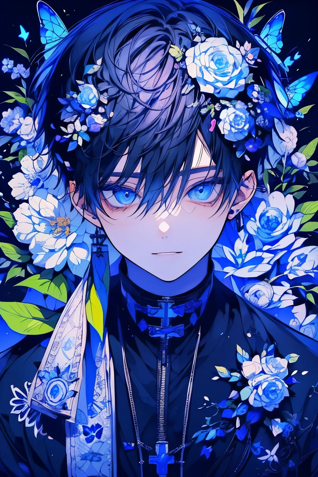 (muste piece), (best quality), very detailed, ((2 boys)), solo focus，perfect face, beautiful face, very detailed顔，(black-haired boy and white-haired boy:1.3)，(blue eyes:1.3)，flower，butterfly々，flowerびら，Light，smile，long eyelashes