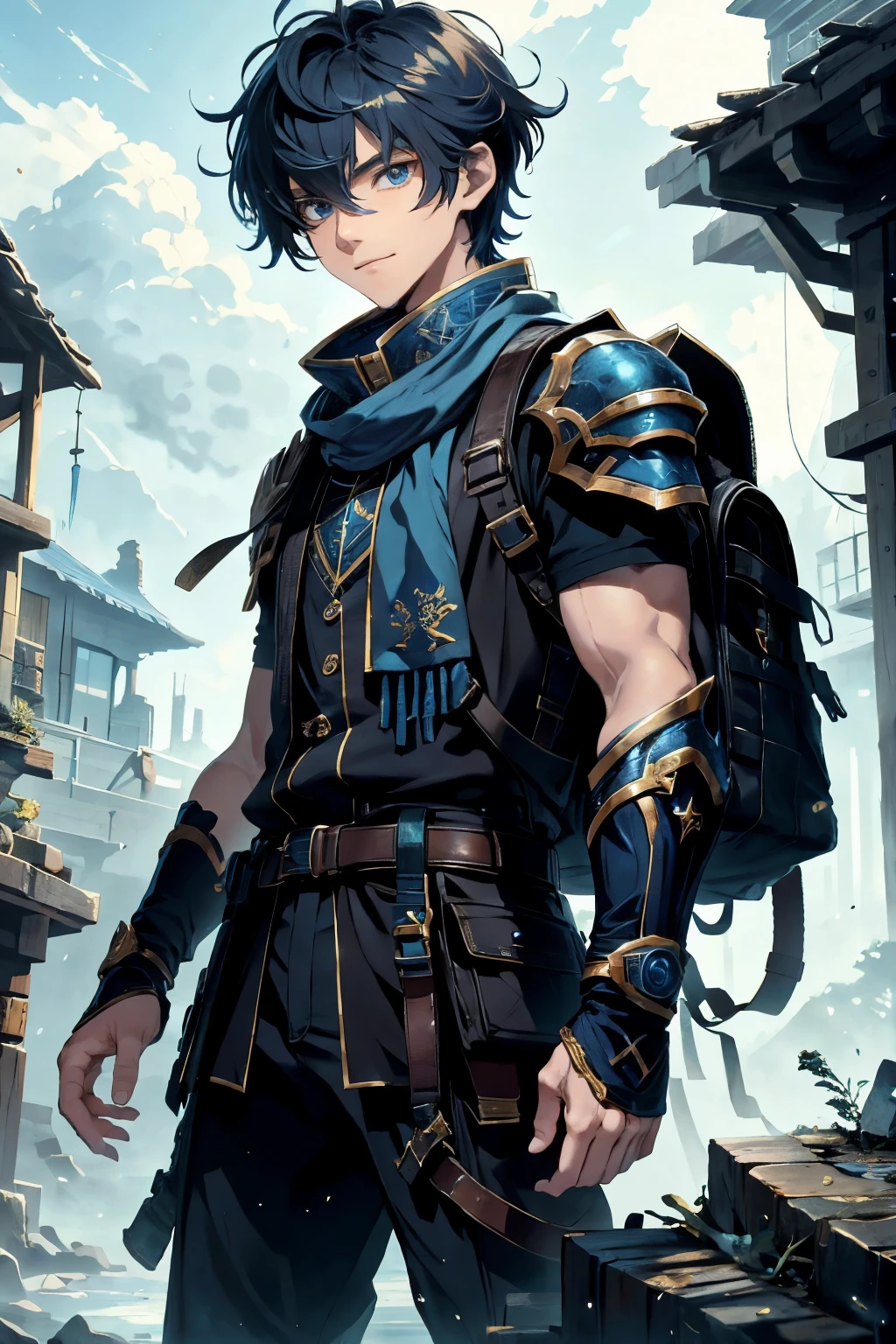 Ultra-realistic 8K CG, masterpiece, best quality, a boy anime Fantasy hero, 14 years old.
This intricately detailed masterpiece showcases a young, muscular hero with piercing blue eyes and short, spiky hair. His charming smile adds a touch of innocence to his handsome face. Clad in his iconic Fantasy armor, his attire is intricately designed, showcasing tiny details and an exemplary finish. A backpack is slung over his shoulders, and he wears a scarf around his neck to protect him from the chill. The sun casts a warm glow over his features, highlighting the delicate textures of his clothing