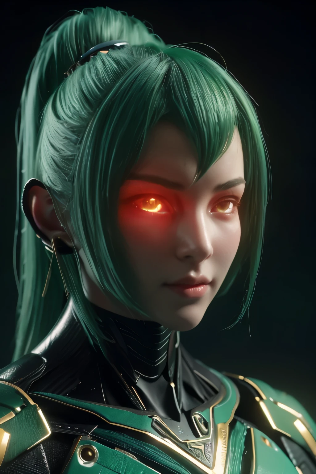 Game art,The best picture quality,Highest resolution,8K,(A bust photograph),(Portrait),(Head close-up:1.5),(Rule of thirds),Unreal Engine 5 rendering works, (The Girl of the Future),(Female Warrior), 22岁少女,(Female hackers),(Dark green gradient,Ancient Oriental hairstyle),((The pupils of the red eyes:1.3)),(A beautiful eye full of detail),(Big breasts),(Eye shadow),优雅迷人,冷漠,((Anger)),(Cyberpunk jacket full of futuristic look,Joint Armor,There are exquisite Chinese patterns on the clothes,A flash of jewellery),赛博朋克人物,未来风格, 拍照姿势,城市背景,Movie lights,Ray tracing,Game CG,((3D Unreal Engine)),oc渲染反射纹