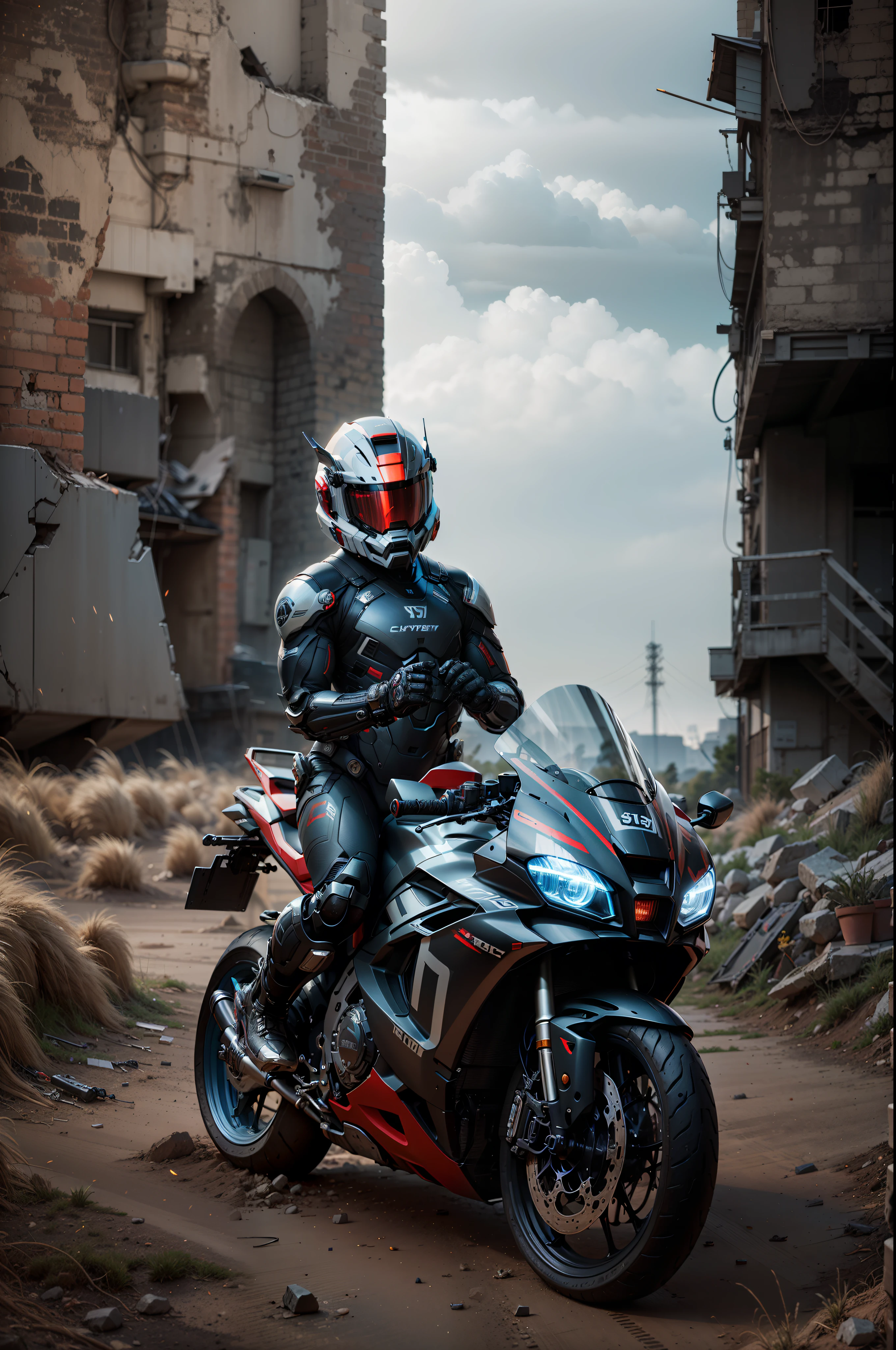 Strong and handsome full body red mech Cyber Handsome Warrior with hands on chest, white Cyber Mechanical Motorcycle, High-tech Black Full Surround Helmet, Short White Hair, Nousr, Biomechanics, MSHN Robot Man, High-Tech Helmet, Hyperreal, Steel, Intricate Design, Crazy Details, Fine Details, Extremely Clear Lines, Cinematic Lighting, Photo Realisticity, Detailed Masterpiece