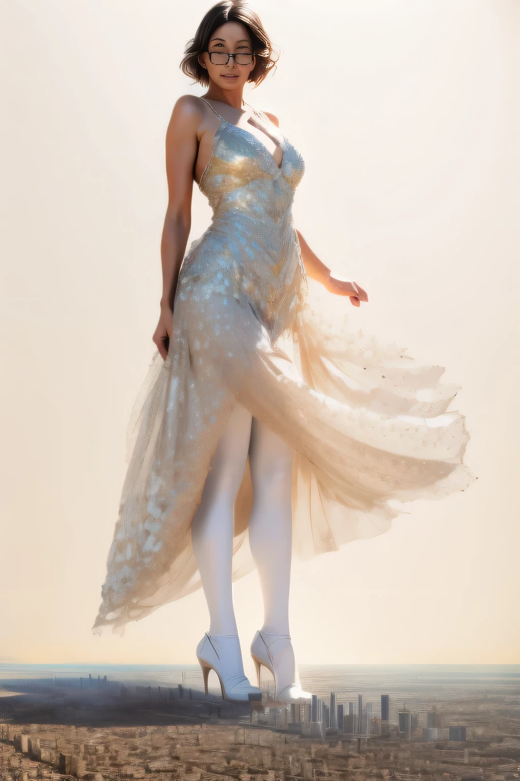 Giantの芸術, 非常に詳細なGiantショット, Giant, short hair, black pantyhose, A giant princess much bigger than a skyscraper, wearing rimless glasses, big breasts, big ass, White luxury dress, white pantyhose, white high heels, very small metropolis, miniature metropolis, full body description, GTS, ギガGiant, Stomping City, crash city, Small town, micro city, High resolution, highest quality, masterpiece, crystalline dress,