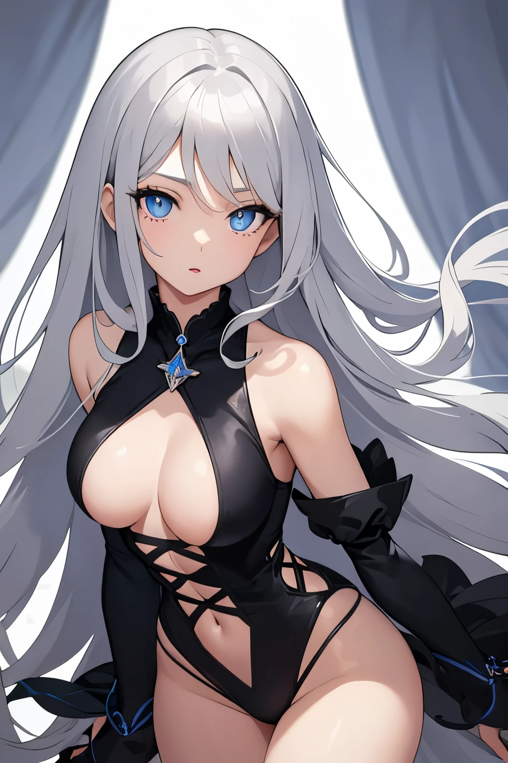 1girl, anime, cute girl, blank background, white background, fantasy, detailed dark fantasy dress with highlights, beautiful face, beautiful eyes, dark colors, silver hair, slightly small breasts, slight cleavage, beautiful skin, cute, breast curtains, extremely delicate and beautiful, (beautiful detailed face:1.0), (detailed deep eyes), symmetrical breasts, deep eyes, shiny skin, portrait, slender waist, hips wider than shoulders, thighs, young girl, expressionless, luminous eyes