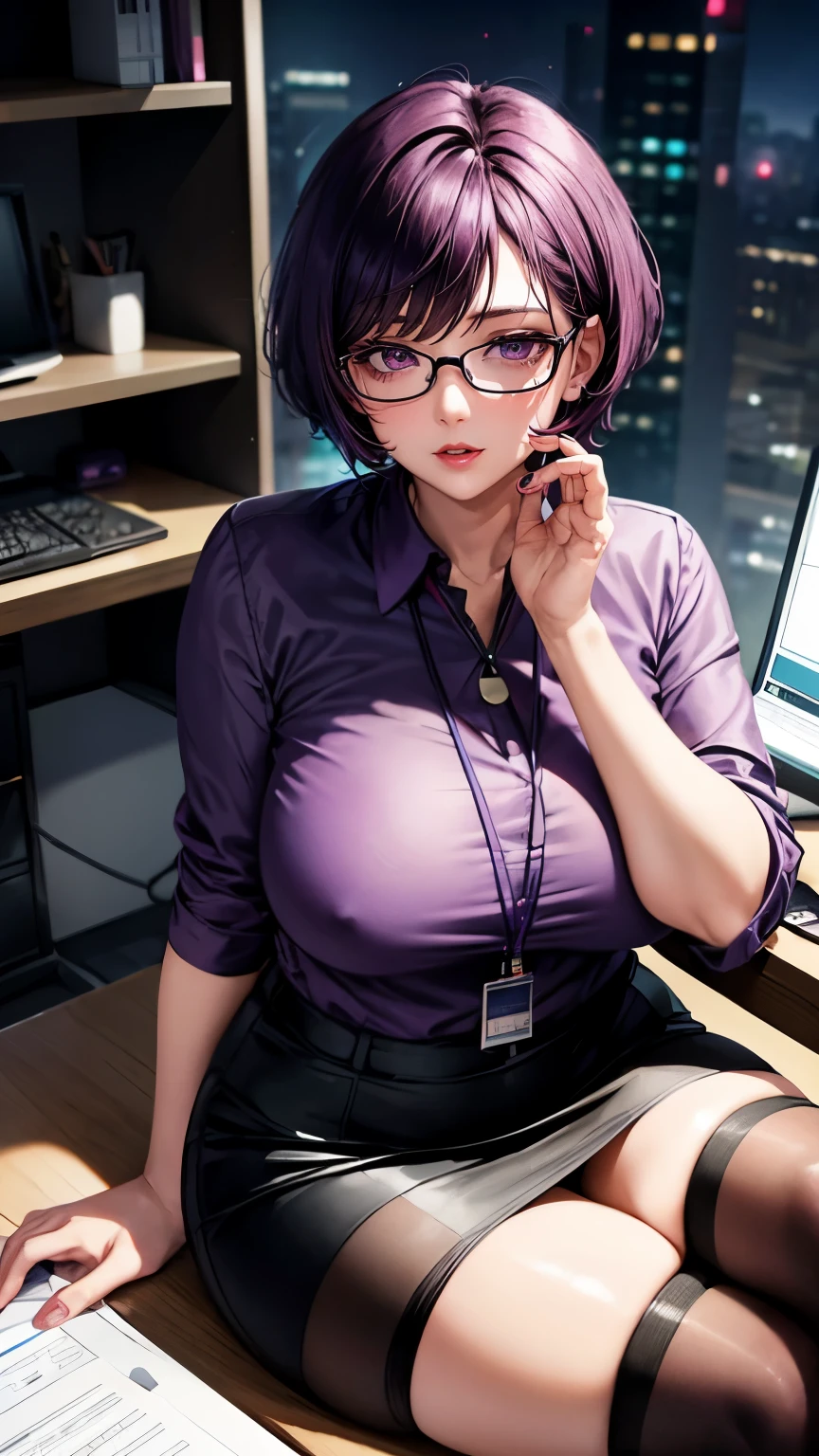 purple short hair　Glasses　Shiny purple satin blouse　black tight skirt　stockings　(lanyard id card)　50 years old　red rouge plump lips　round face　Plump　(eyecontact)　Office in a high-rise building　I sit down at my computer desk and turn around.　sunset　A talented female secretary who gives advice　