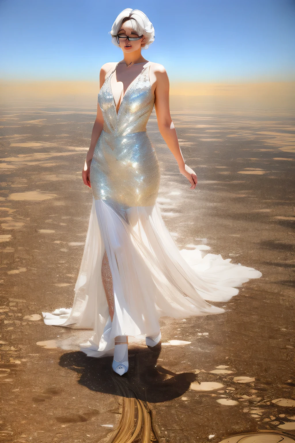 Giantの芸術, 非常に詳細なGiantショット, Giant, short hair, black pantyhose, A giant princess much bigger than a skyscraper, wearing rimless glasses, big breasts, big ass, White luxury dress, white pantyhose, white high heels, very small metropolis, miniature metropolis, full body description, GTS, ギガGiant, Stomping City, crash city, Small town, micro city, High resolution, highest quality, masterpiece, crystalline dress,