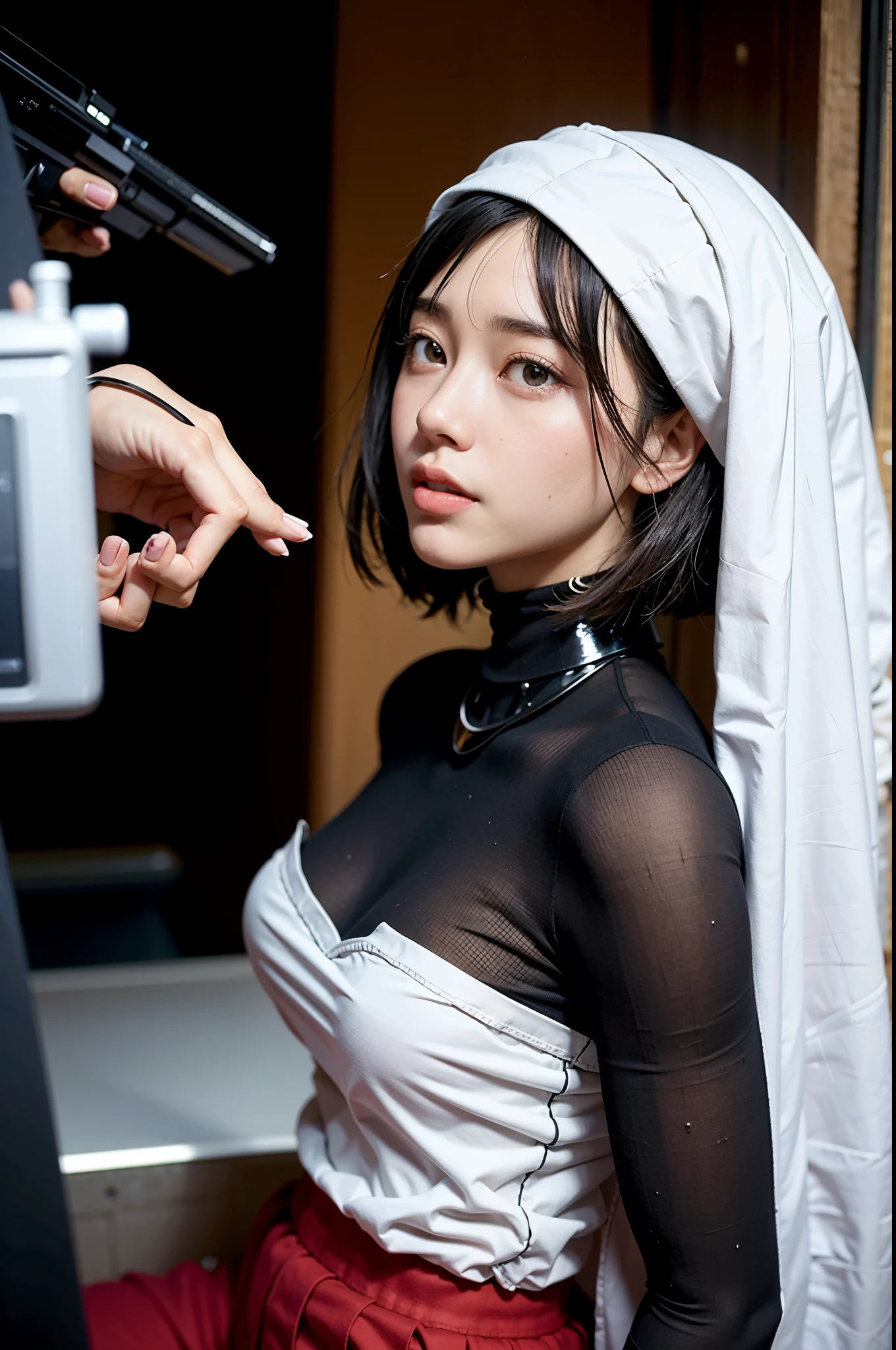 There is a woman taking a photo wearing a black top and red pants., star trek asian women, young asian woman, cyborg fashion model, face of young cute asian man、medium long hair、short bob、Japanese