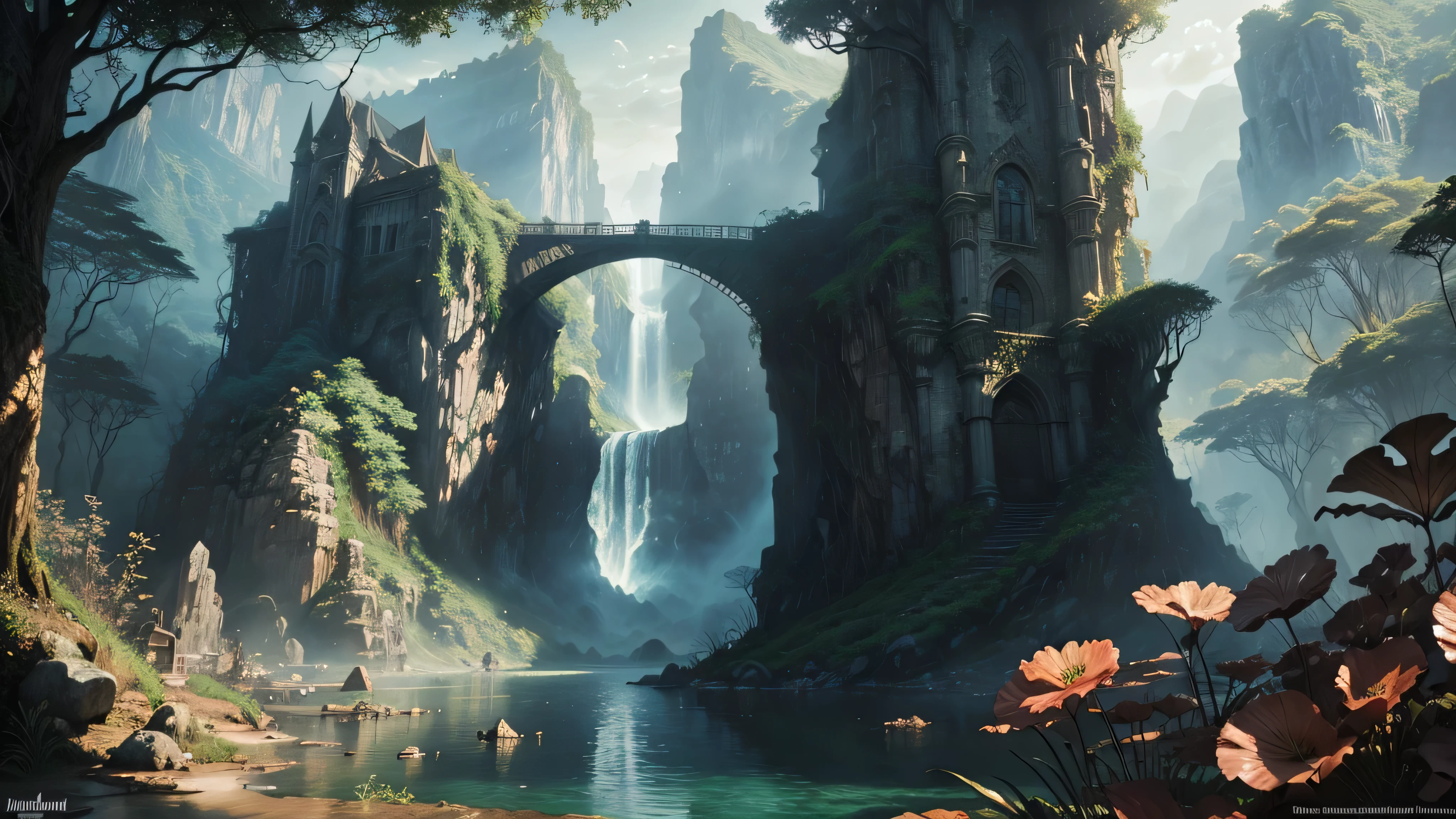There is a waterfall in the middle of a tropical jungle, bela fantasia detalhada, fantasia altamente detalhada, fantasy scenic, arte digital de fantasia detalhada, Arte digital de fantasia 2D, arte digital detalhada de fantasia 2D, impressive paisagem de fantasia, fantasy pictorial style, arte estilo fantasia, medieval paisagem de fantasia, paisagem de fantasia, realistic fantasy illustration, Arte de fantasia 4k, cidade de fantasia