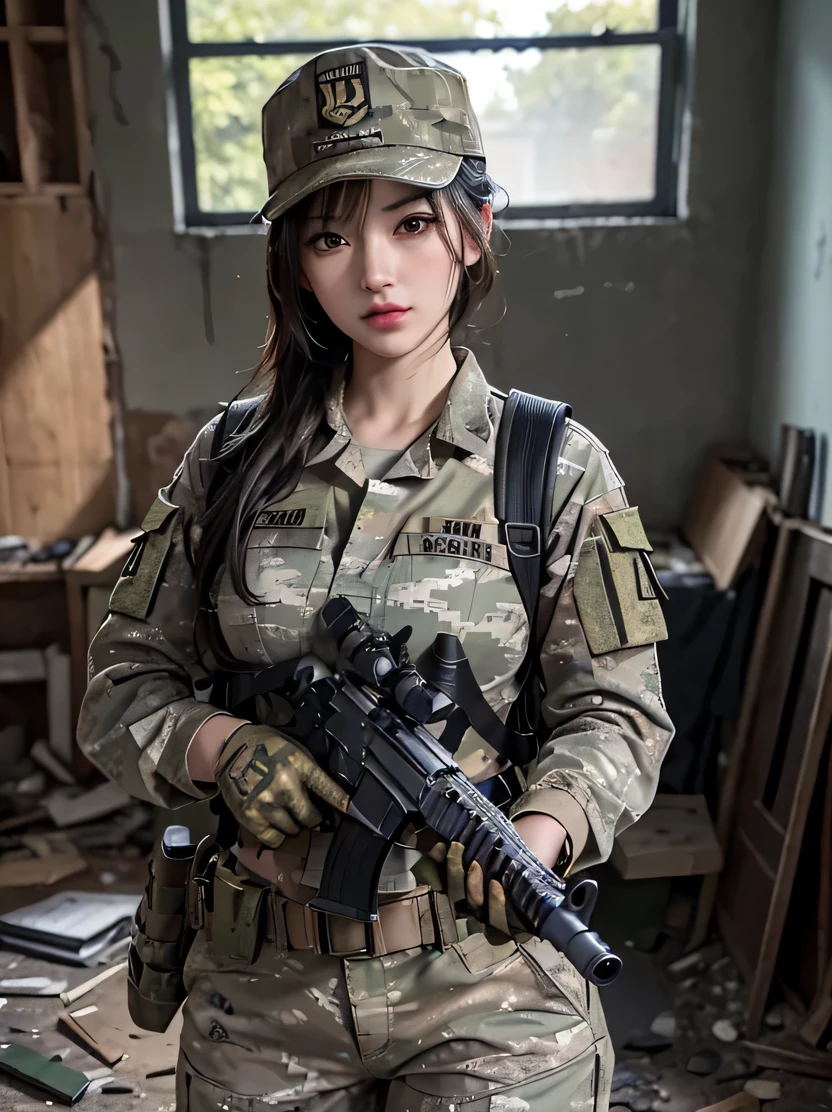 ((masterpiece、highest quality、genuine、Super detailed、High resolution、photogenuineistic、sharp focus、genuineistic photo、Live shooting、cinematic lighting))、beautiful female soldier、bust shot、delicate face、high detail skin、genuineな肌の詳細、Cropped Shorthair、Camouflage Cap、Combat equipment、Army long sleeve camouflage uniform over black undershirt、Camouflage pants、Combat Gloves、Holding the rifle with both hands、rucksack、Detailed and intricate busy background、A room in an abandoned building、white smoke、Detailed face and chest depiction、((detailed hand drawn))、battle pose、dynamic action、looking at the viewer