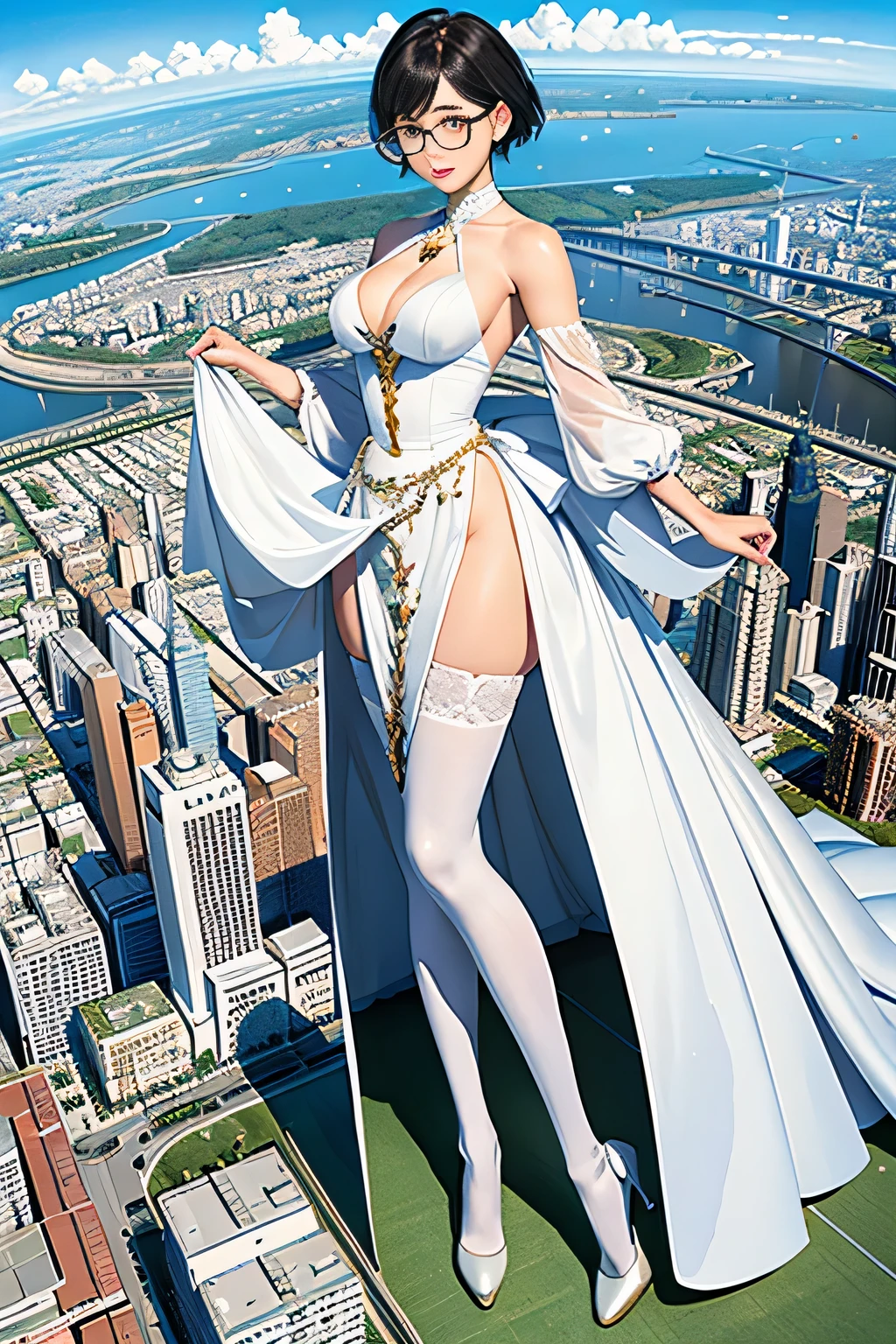 Giantの芸術, 非常に詳細なGiantショット, Giant, short hair, black pantyhose, A giant princess much bigger than a skyscraper, wearing rimless glasses, big breasts, big ass, White luxury dress, white pantyhose, white high heels, very small metropolis, miniature metropolis, full body description, ＧＴＳ, ギガGiant, Stomping City, crash city, Small town, micro city, High resolution, highest quality, masterpiece, crystalline dress, 