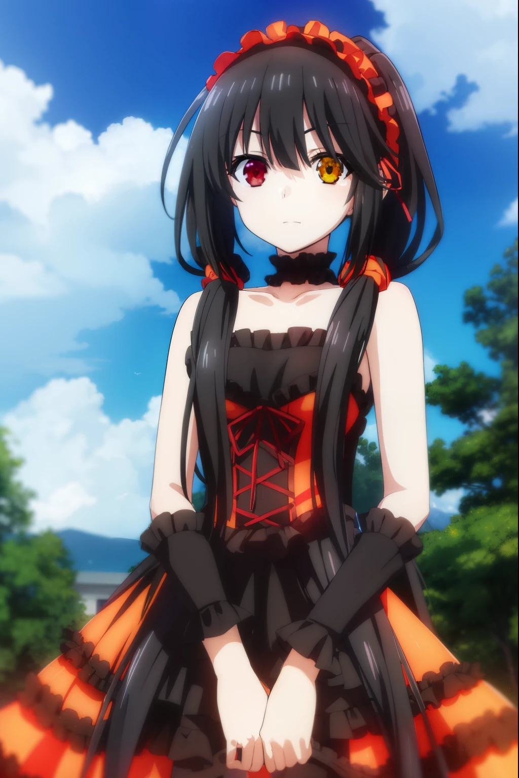 kurumitokisaki, kurumi tokisaki astral dress, (tokisaki kurumi:1.2), long hair, black hair, (red eyes:1.3), (twintails:1.5), (yellow eyes:1.3), hairband, (heterochromia:1.5), dress, (red dress:1.5), bare shoulders, collarbone, choker, bowtie, red bowtie, detached sleeves, corset, frills, smile,
BREAK ,
BREAK outdoors, forest, nature, trees, grass, sky, clouds, night sky, night,
BREAK looking at viewer, (cowboy shot:1.5),
BREAK (masterpiece:1.2), best quality, high resolution, unity 8k wallpaper, (illustration:0.8), (beautiful detailed eyes:1.6), extremely detailed face, perfect lighting, extremely detailed CG, (perfect hands, perfect anatomy),