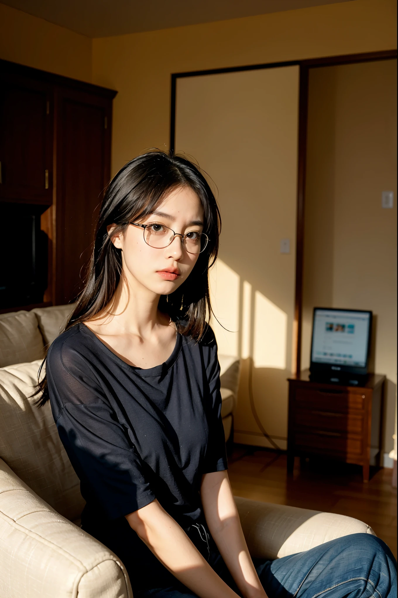 1girl, loose t-shirt, living room, eyeglasses, frown