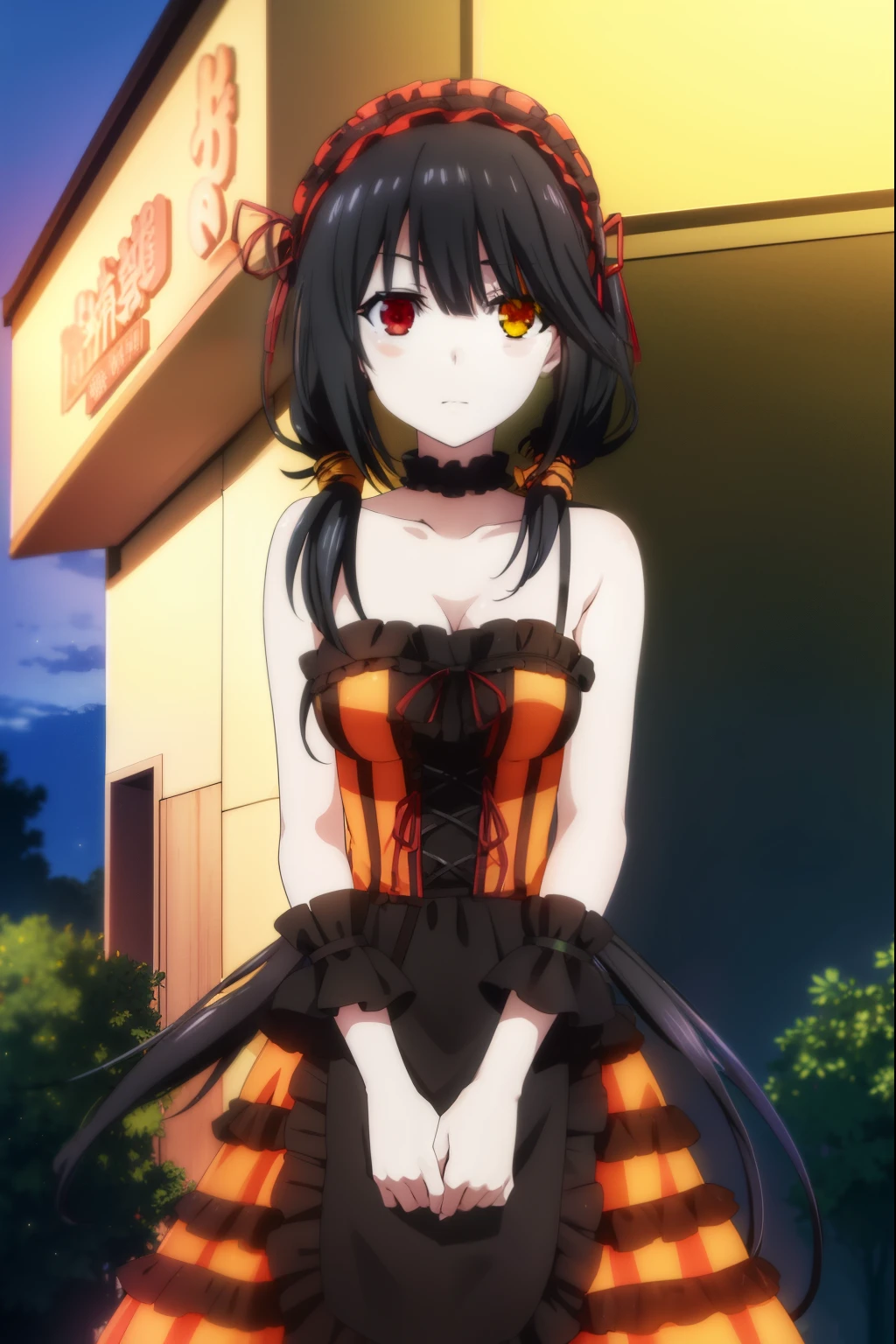 kurumitokisaki, kurumi tokisaki astral dress, (tokisaki kurumi:1.2), long hair, black hair, (red eyes:1.3), (twintails:1.5), (yellow eyes:1.3), hairband, (heterochromia:1.5), dress, (red dress:1.5), bare shoulders, collarbone, choker, bowtie, red bowtie, detached sleeves, corset, frills, smile,
BREAK ,
BREAK outdoors, forest, nature, trees, grass, sky, clouds, night sky, night,
BREAK looking at viewer, (cowboy shot:1.5),
BREAK (masterpiece:1.2), best quality, high resolution, unity 8k wallpaper, (illustration:0.8), (beautiful detailed eyes:1.6), extremely detailed face, perfect lighting, extremely detailed CG, (perfect hands, perfect anatomy),