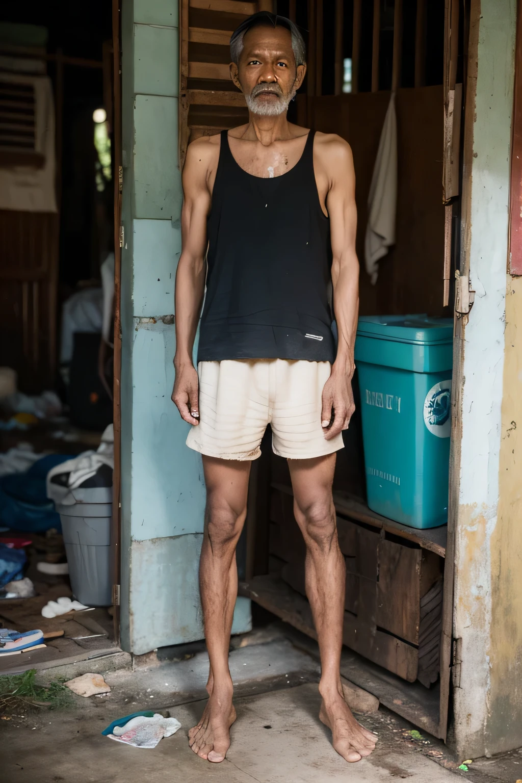 actually, The best quality masterpiece, Old Thai man., 1950s (((Ugly, Dirty))) thin, black skin, Wearing an old black tank top, old shorts. Stand up straight. (((full body photo))) background, slum, garbage
