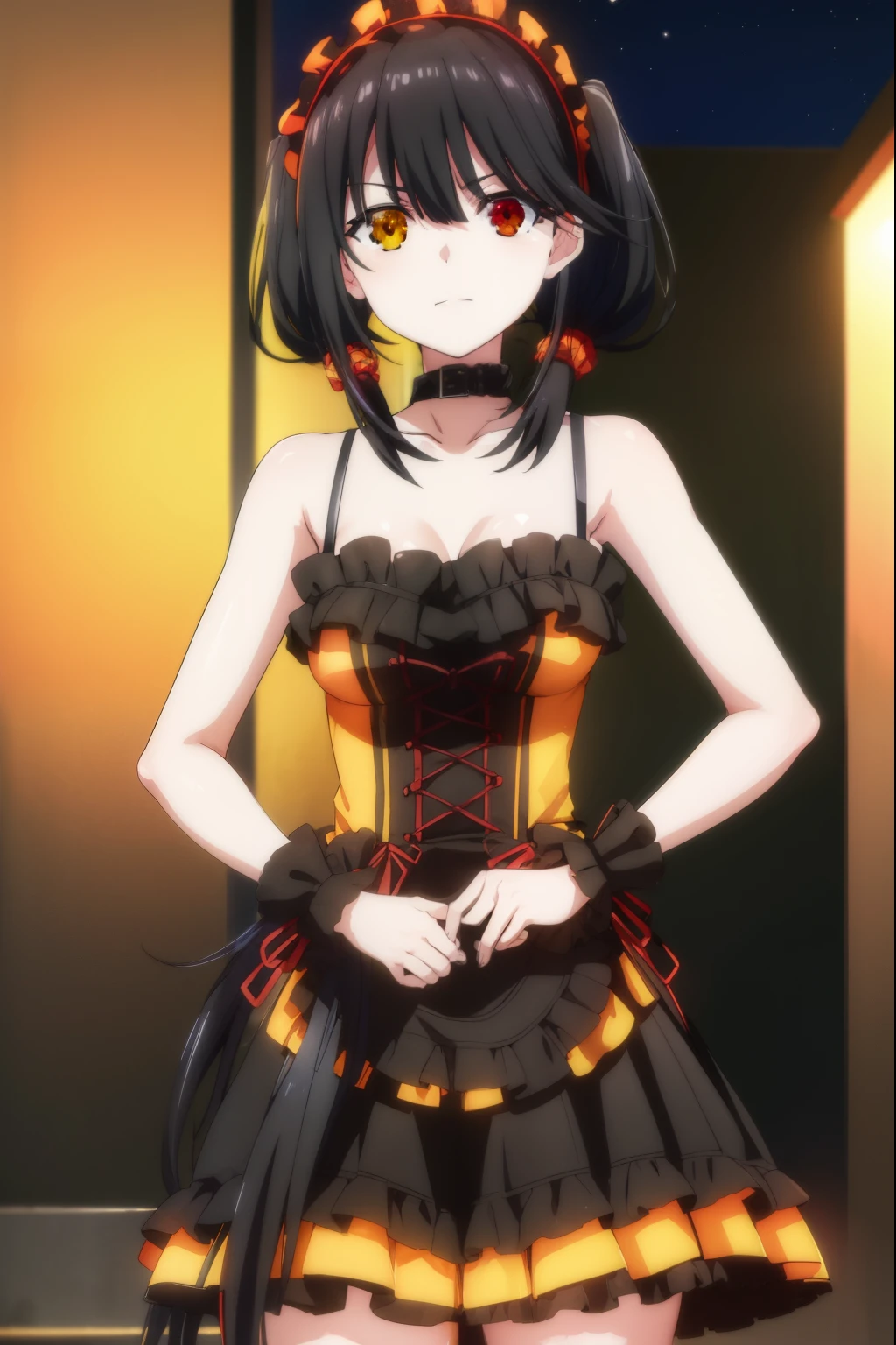 kurumitokisaki, kurumi tokisaki astral dress, (tokisaki kurumi:1.2), long hair, black hair, (red eyes:1.3), (twintails:1.5), (yellow eyes:1.3), hairband, (heterochromia:1.5), dress, (red dress:1.5), bare shoulders, collarbone, choker, bowtie, red bowtie, detached sleeves, corset, frills, smile,
BREAK ,
BREAK outdoors, forest, nature, trees, grass, sky, clouds, night sky, night,
BREAK looking at viewer, (cowboy shot:1.5),
BREAK (masterpiece:1.2), best quality, high resolution, unity 8k wallpaper, (illustration:0.8), (beautiful detailed eyes:1.6), extremely detailed face, perfect lighting, extremely detailed CG, (perfect hands, perfect anatomy),