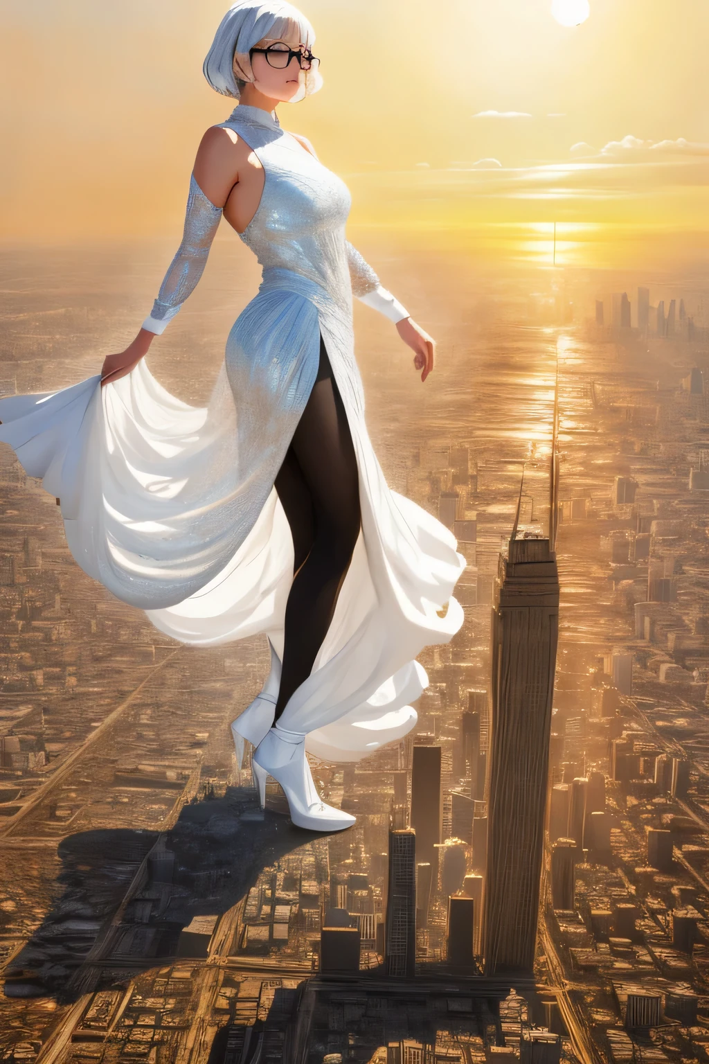 Giantの芸術, 非常に詳細なGiantショット, Giant, short hair, black pantyhose, A giant princess much bigger than a skyscraper, wearing rimless glasses, big breasts, big ass, White luxury dress, white pantyhose, white high heels, very small metropolis, miniature metropolis, full body description, GTS, ギガGiant, Stomping City, crash city, Small town, micro city, High resolution, highest quality, masterpiece, crystalline dress,
