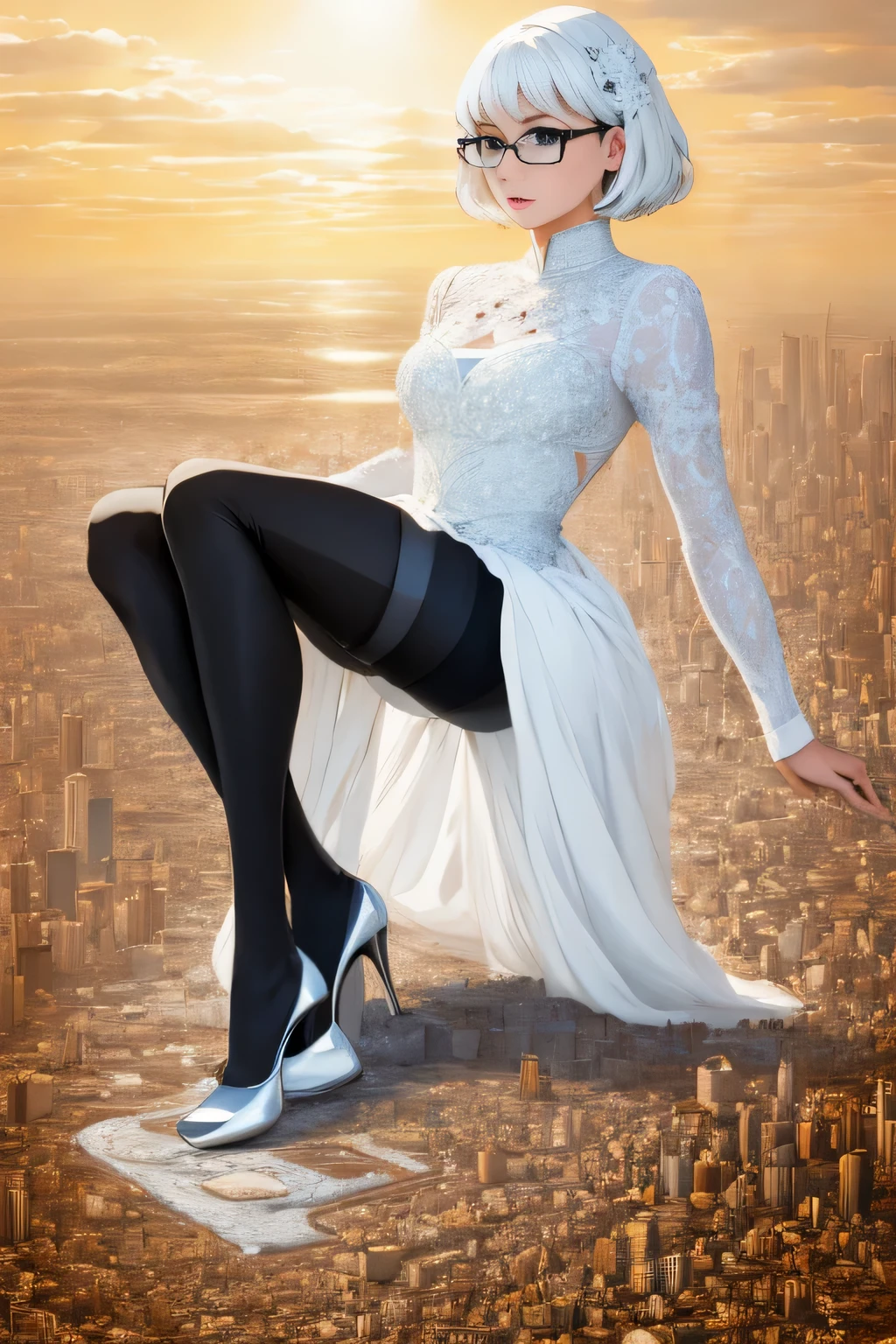 Giantの芸術, 非常に詳細なGiantショット, Giant, short hair, black pantyhose, A giant princess much bigger than a skyscraper, wearing rimless glasses, big breasts, big ass, White luxury dress, white pantyhose, white high heels, very small metropolis, miniature metropolis, full body description, ＧＴＳ, ギガGiant, Stomping City, crash city, Small town, micro city, High resolution, highest quality, masterpiece, crystalline dress, 