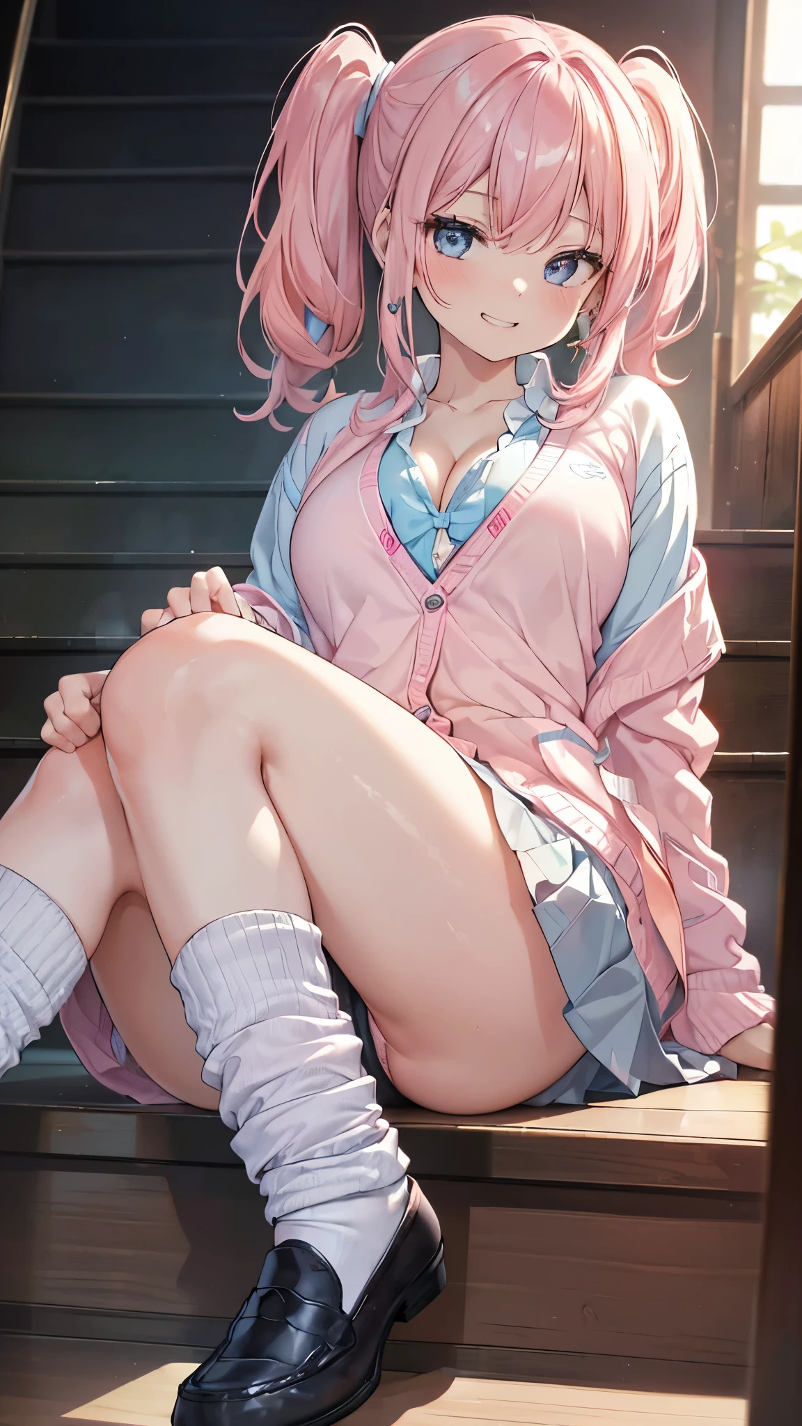 (8K、best image quality、highest quality、masterpiece)、detailed face、1 girl、pink hair、side ponytail、light blue eyes、earrings、evil small、((grin))、big breasts、cleavage、((white shirt))、black pleated skirt、((pink cardigan))、white socks、loafers、sitting、knees up、sit on the stairs、Taken from above、((indoor stairs background))