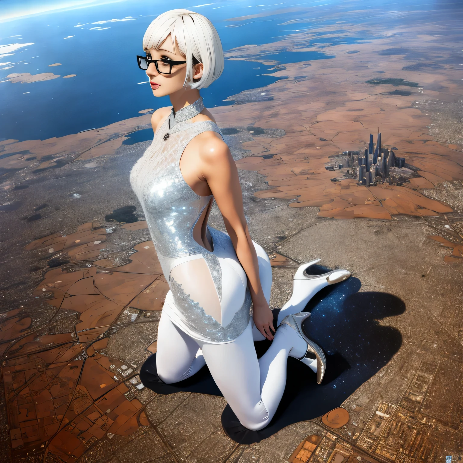 multiple girls, Giantの芸術, 非常に詳細なGiantショット, Giant, short hair, black pantyhose, A giant princess much bigger than a skyscraper, wearing rimless glasses, big breasts, big ass, White luxury dress, white pantyhose, white high heels, very small metropolis, miniature metropolis, full body description, ＧＴＳ, ギガGiant, Stomping City, crash city, Small town, micro city, High resolution, highest quality, masterpiece, crystalline dress, 