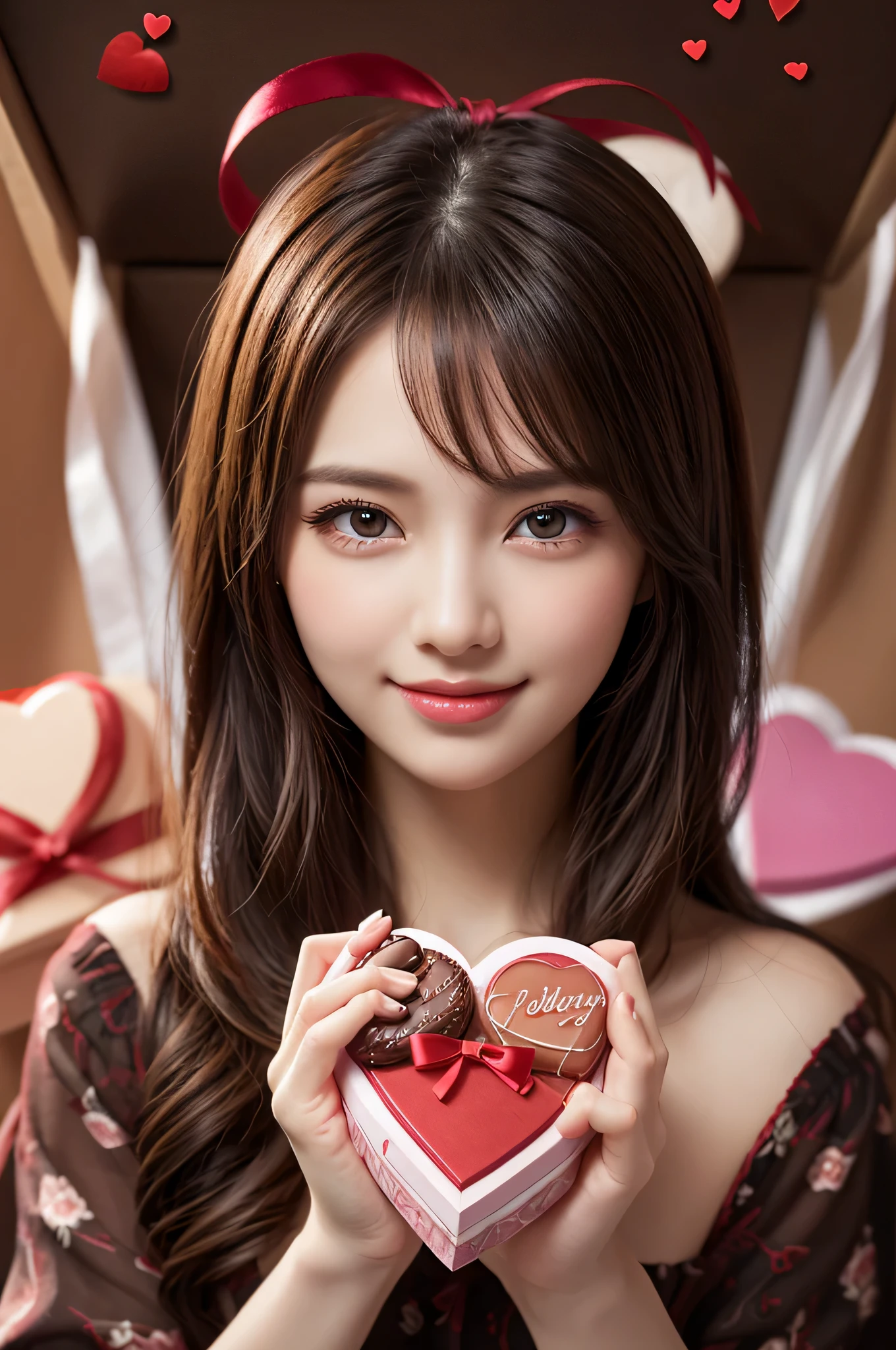 1 girl, laugh shyly, (big round eyes:1.15), (Highly detailed beautiful face), (highest quality:1.4), 8k wallpaper that integrates high-definition CG, RAW photo, professional photos, cinematic lighting, flower hair ornament, ribbon, (valentine's day, valentine gift, Chocolates in a cute box:1.3), Depth of bounds written,