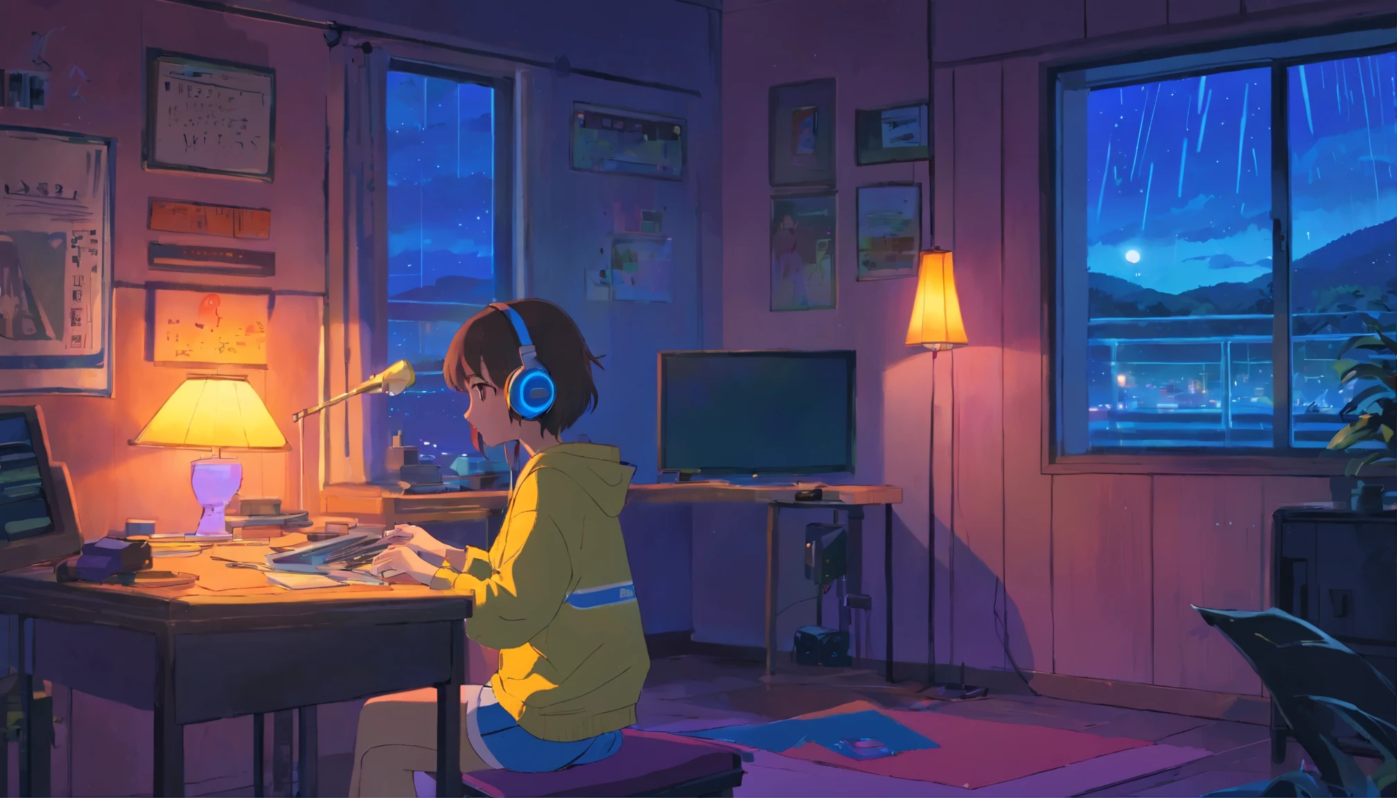 Girl sitting listening to music in cozy room at night, Use headphones, 2D style anime, lo fi, hard disk, dark environment,, brown hair, black eye, brown skin, 12 years old , vestindo um pijama rosashoppingeuropean hippie girlmeditationher room, Dreaming, Wear headphones, night lights, Neon landscape on a rainy day, Analog Color Theme, lo fiヒップホップ , Retrospective, flat, 2.5D ,Draw a line, ink painting, Large gradients, watercolor painting, Goosch color, Studio Ghibli style, Awesome colorful, Outer Ton, Krautlock, Lofiato, 70s style,Old textures, amplitude,Psychedelic atmosphere, table top, Incredible technology,Girl listening to music in a cozy room at night, Use headphones, 2D anime style, i will fix it, hard disk, dark environment