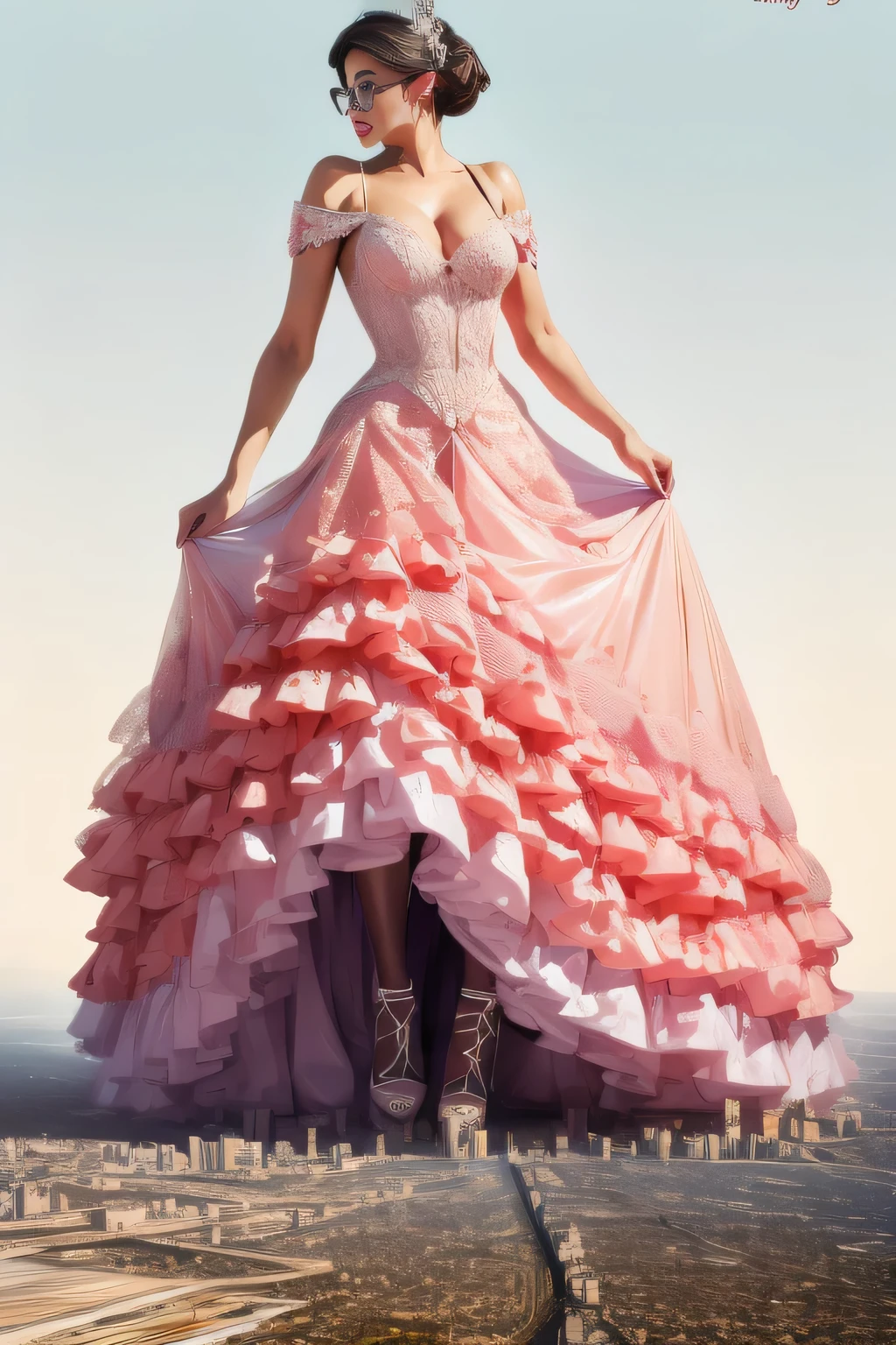 Giantの芸術, 非常に詳細なGiantショット, Giant, short hair, black pantyhose, A giant princess much bigger than a skyscraper, wearing rimless glasses, big breasts, big ass, White luxury dress, white pantyhose, white high heels, very small metropolis, miniature metropolis, full body description, GTS, ギガGiant, Stomping City, crash city, Small town, micro city, High resolution, highest quality, masterpiece, princess dress,