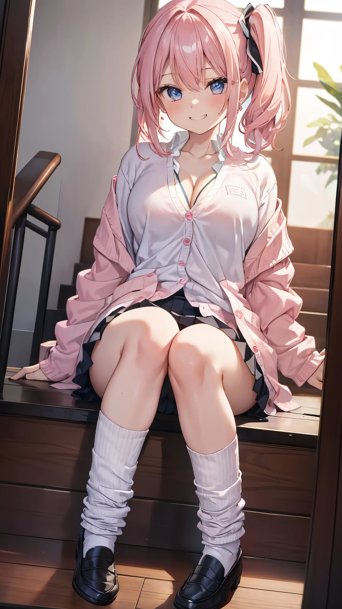 (8K、best image quality、highest quality、masterpiece)、detailed face、1 girl、pink hair、side ponytail、light blue eyes、earrings、evil small、((grin))、big breasts、cleavage、((white shirt:1.2))、black pleated skirt、((open pink cardigan))、white socks、loafers、sitting、knees up、sit on the stairs、Taken from above、((indoor stairs background))