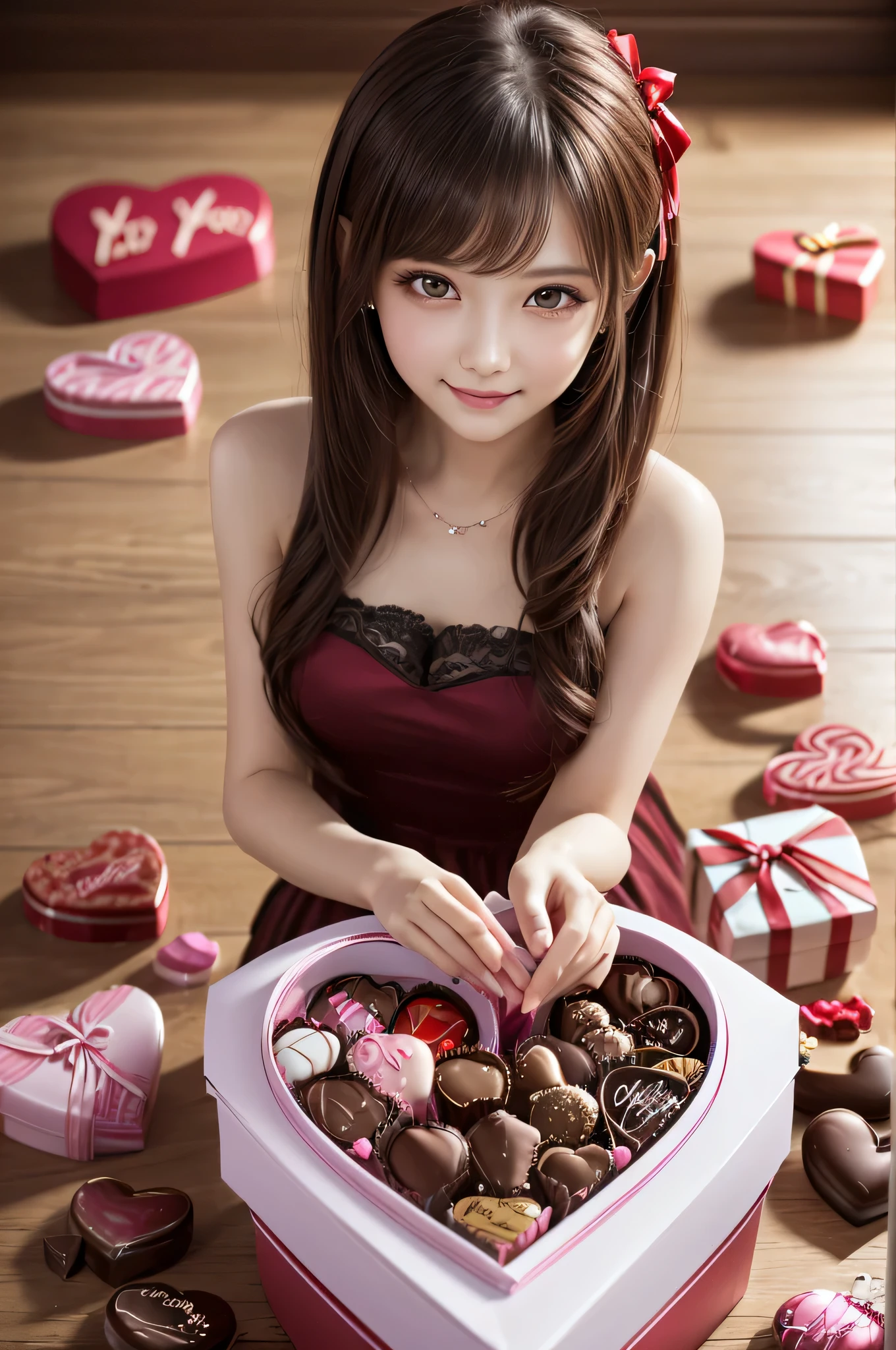 1 girl, (big round eyes:1.15), (Highly detailed beautiful face), smile shyly, (highest quality:1.4), 8k wallpaper that integrates high-definition CG, RAW photo, professional photos, cinematic lighting, flower hair ornament, ribbon, (valentine's day, valentine gift, Chocolates in a cute box:1.3), Depth of bounds written