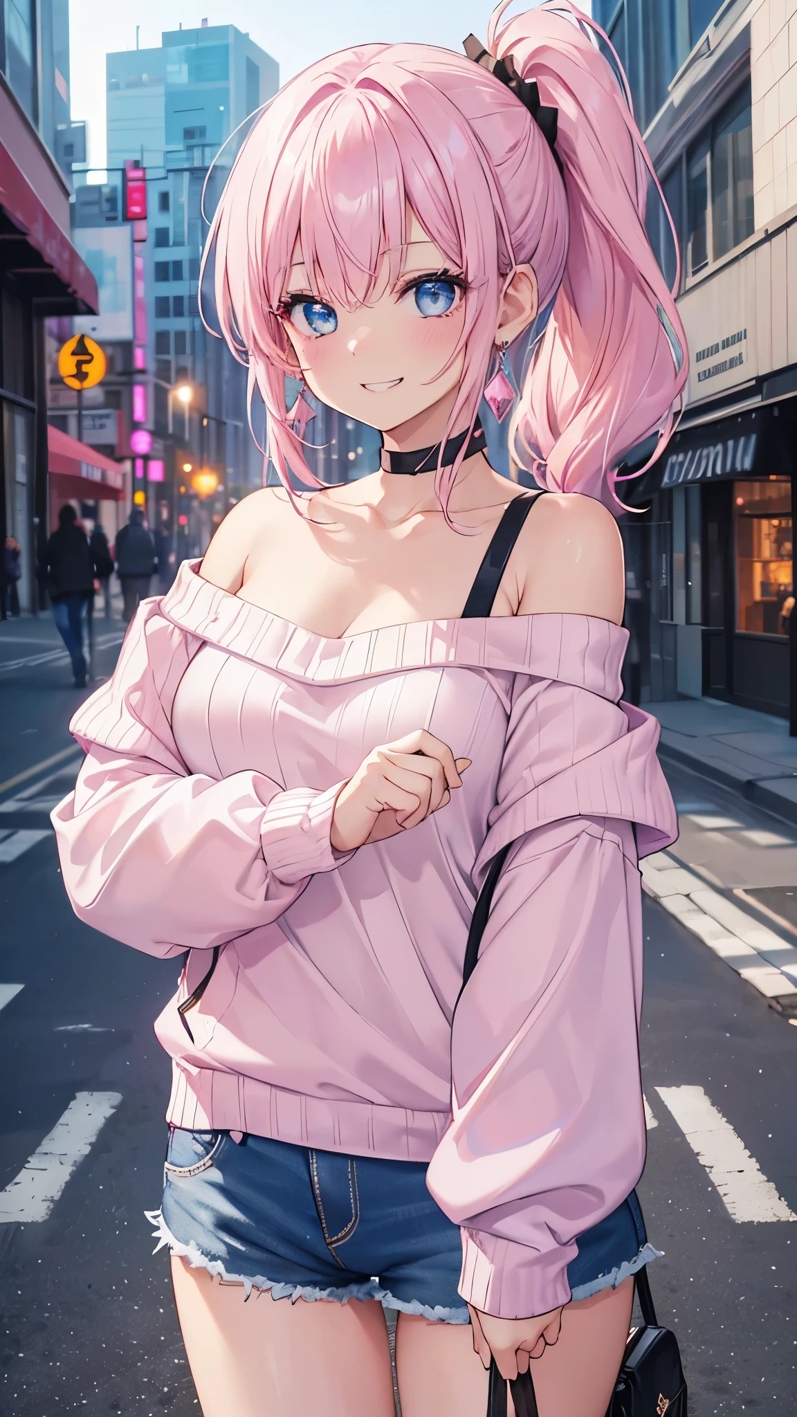 (8K、best image quality、highest quality、masterpiece)、detailed face、1 girl、pink hair、side ponytail、light blue eyes、earrings、pink lip、evil small、((grin))、big breasts、((white sweater))、((off shoulder))、Black shoulder straps、light blue short shorts、cowboy shot、Downtown background