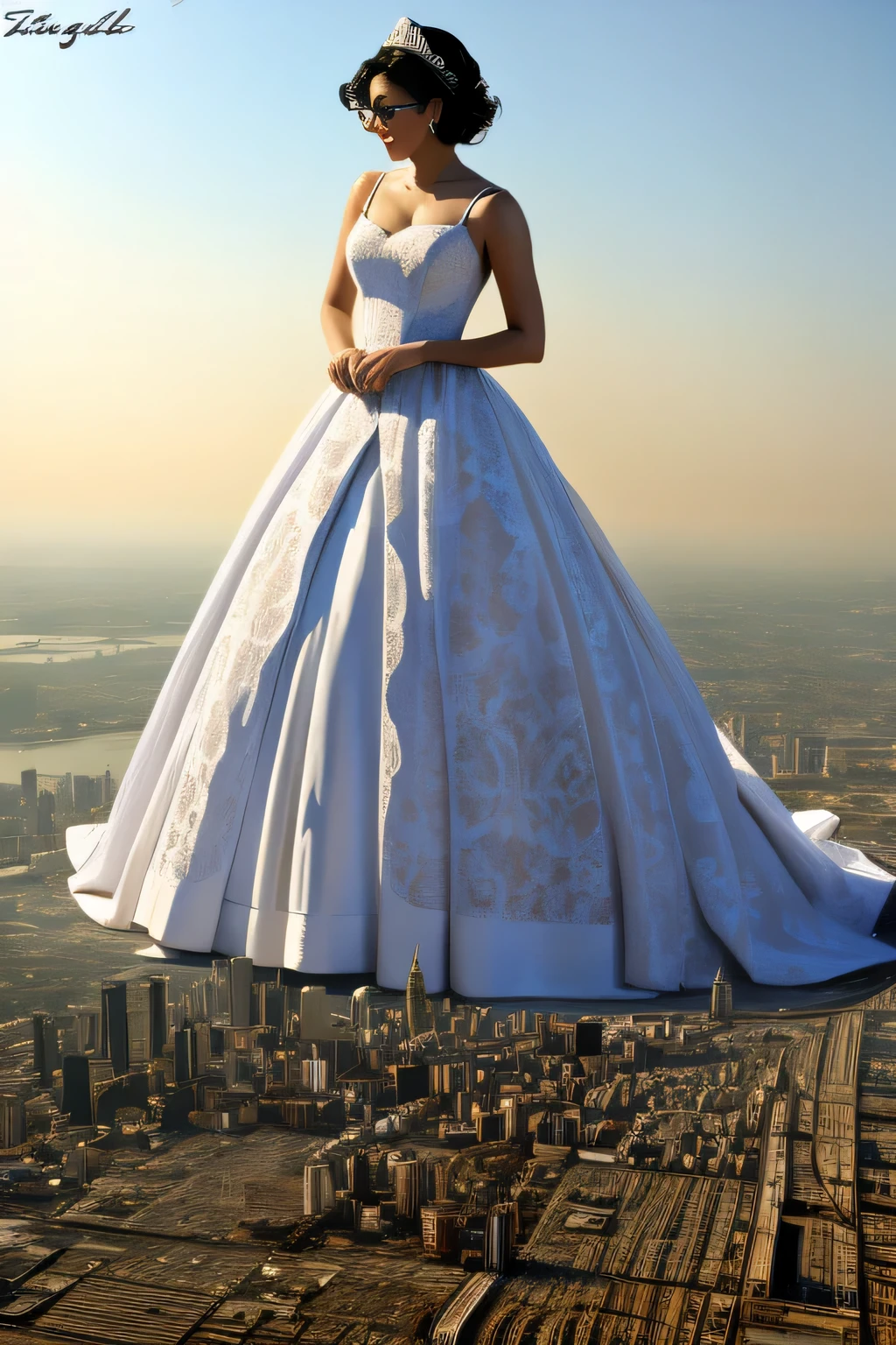 Giantの芸術, 非常に詳細なGiantショット, Giant, short hair, black pantyhose, A giant princess much bigger than a skyscraper, wearing rimless glasses, big breasts, big ass, White luxury dress, white pantyhose, white high heels, very small metropolis, miniature metropolis, full body description, GTS, ギガGiant, Stomping City, crash city, Small town, micro city, High resolution, highest quality, masterpiece, princess dress,