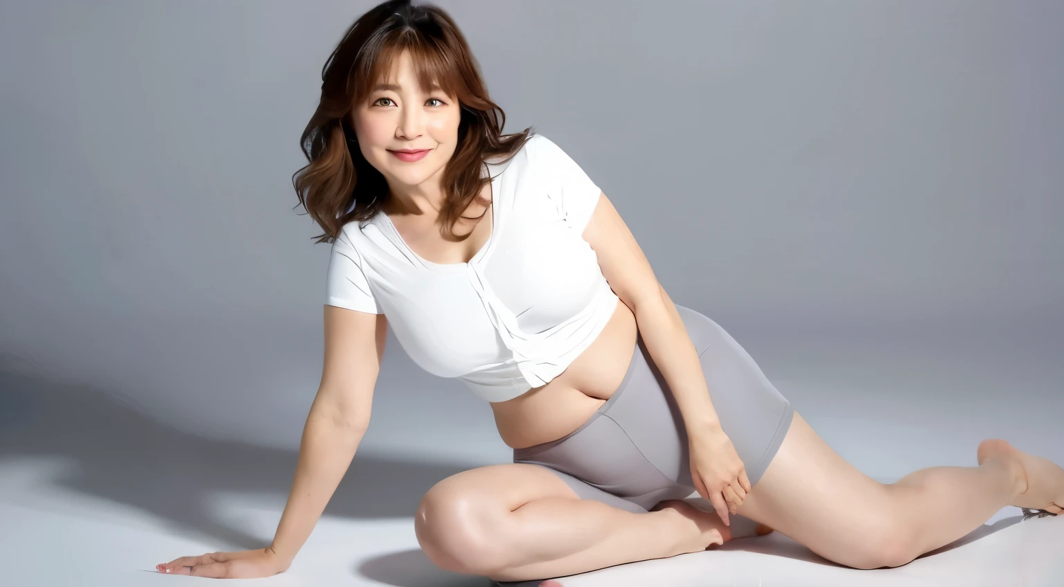 60 years old,japanese woman,sexy pose,cat pose,BMI29,sitting,sexy,Japanese female, chubby, BMI 29, 55 years old, full body, sitting with hands on sides, beautiful, used to be an idol, large breasts, navel showing, sloppy figure, bulky belly, shiny legs, wearing white half t-shirt, tight navy half pants, glowing skin Glowing eyes, white background