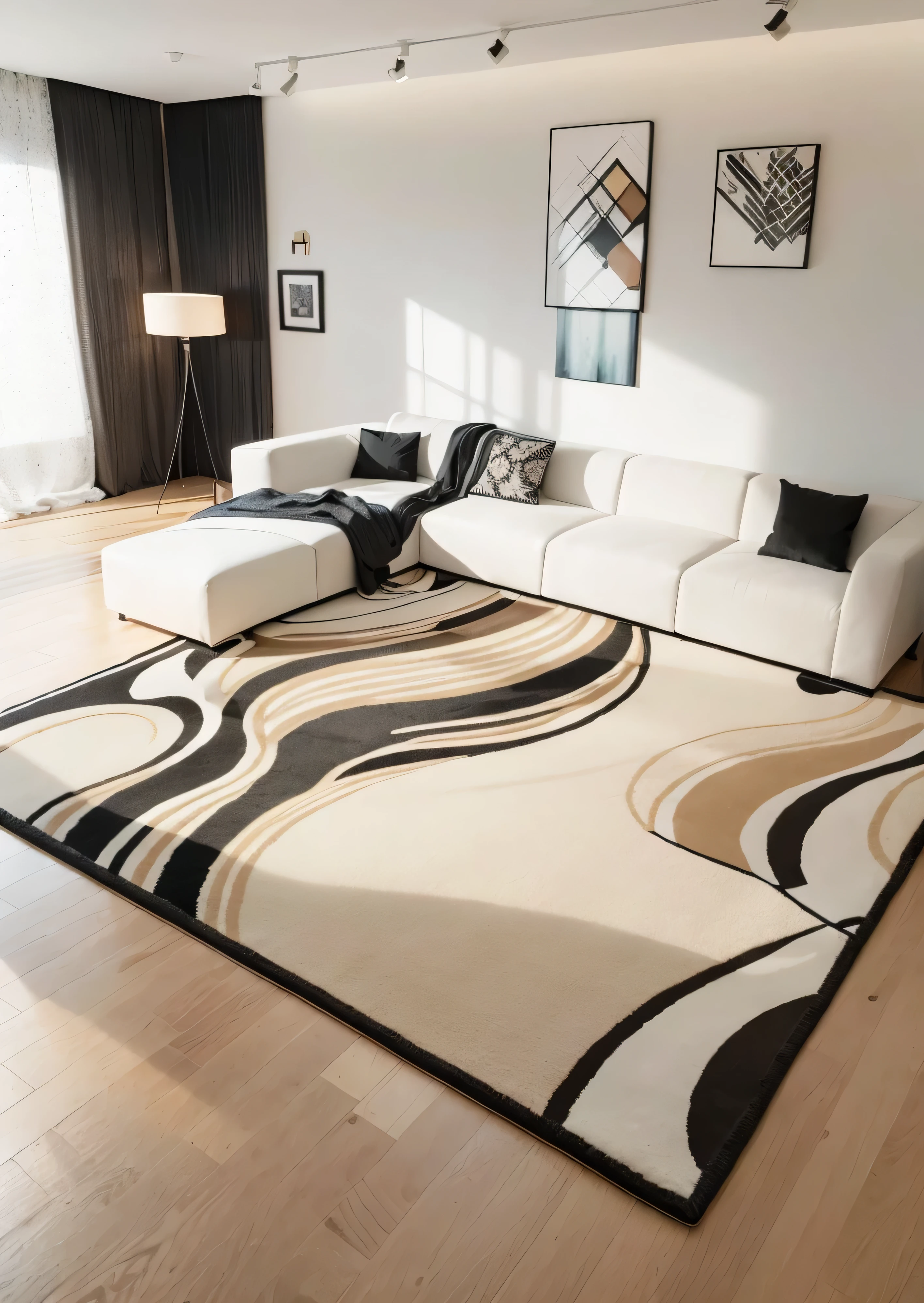 arafed view of a living room with a large rug and a couch, masterpiece w 1024, curving black, ( ivory black ), w 7 6 8, modern”, ivory and black marble, modern style, areas rugs, vintage - w 1 0 2 4, everything is carpet and 3d, detailed patterned rug, modern art style