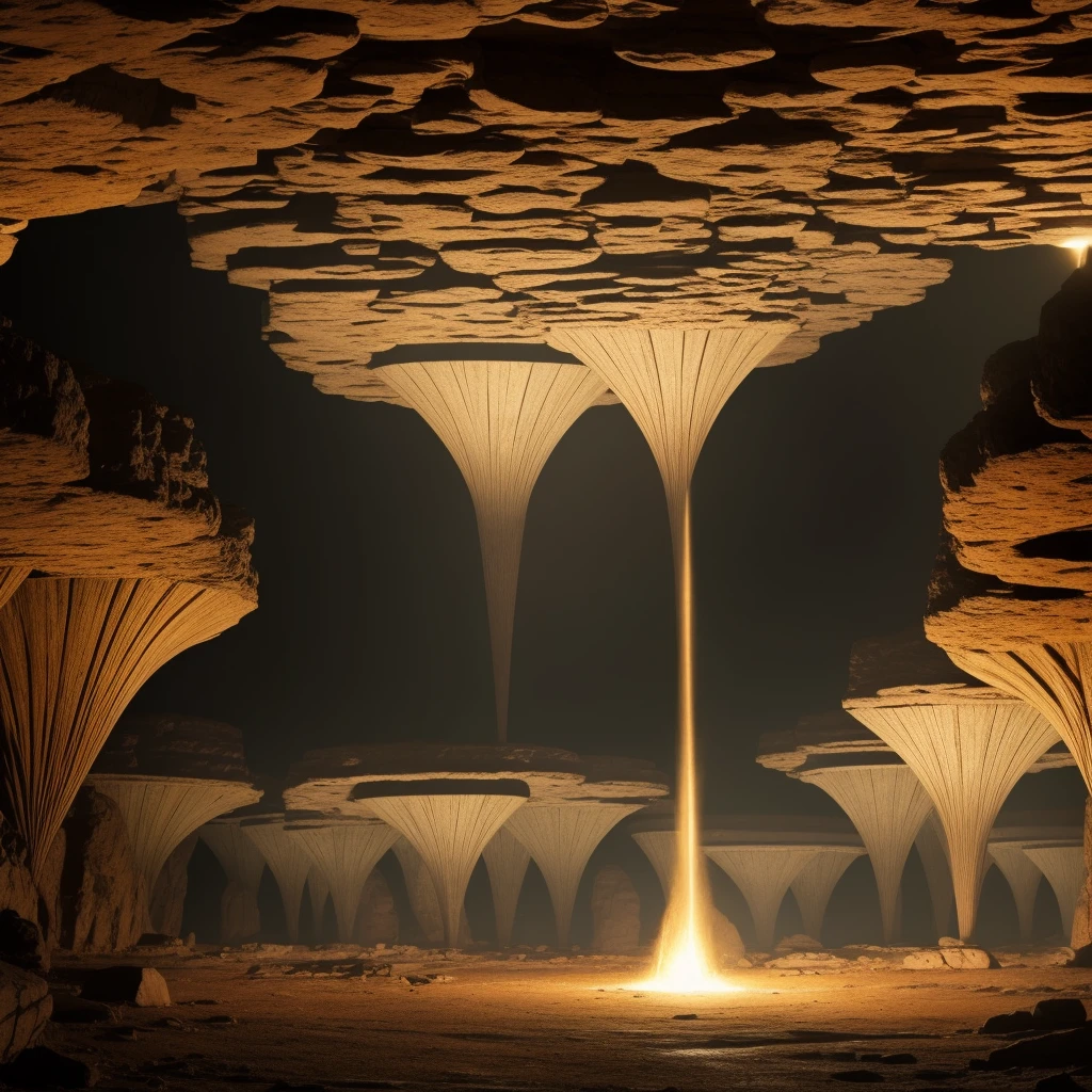 An ancient teleportation array, shrouded in ultra-clear 4k resolution, lies hidden beneath the earth's surface. The intricate design of the array is illuminated by the soft glow of an unknown energy source, casting long, dynamic shadows on the surrounding rock formations. The background, rich in textures and details, reveals a vast and complex network of underground tunnels and caverns. The air is thick with the scent of mineral richness, and the silence is broken only by the distant echoes of dripping water. The teleportation array, a relic of a long-lost civilization, appears both beautiful and ominous, an enigma that beckons to be explored.