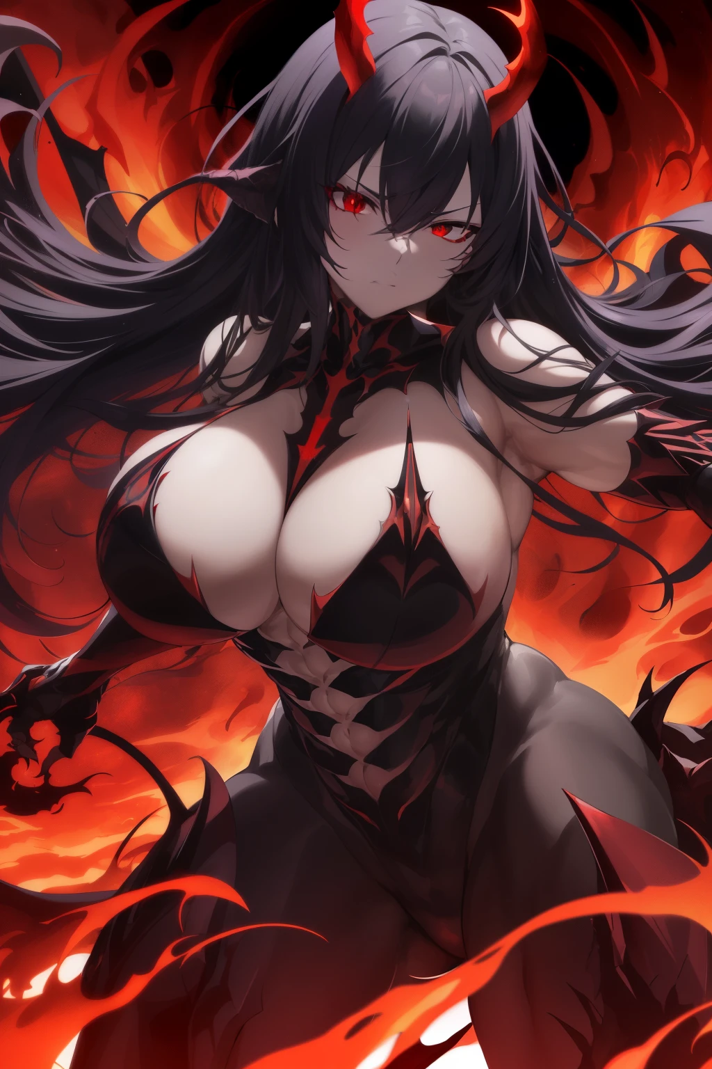 An ultra-detailed wide-angle camera shot captures the imposing figure of an anime demon lord, exuding an air of menacing power and dark charisma. With a towering physique and jet-black horns curling from his head, his form casts ominous shadows against the backdrop of a fiery, crimson sky adorned with swirling, ominous clouds. His piercing, red eyes blaze with an otherworldly energy, reflecting the intense light that dances across his razor-edged features. Clad in a formidable, winged armor, intricately designed with complex patterns and sharp edges, the demon lord's every muscle is defined
