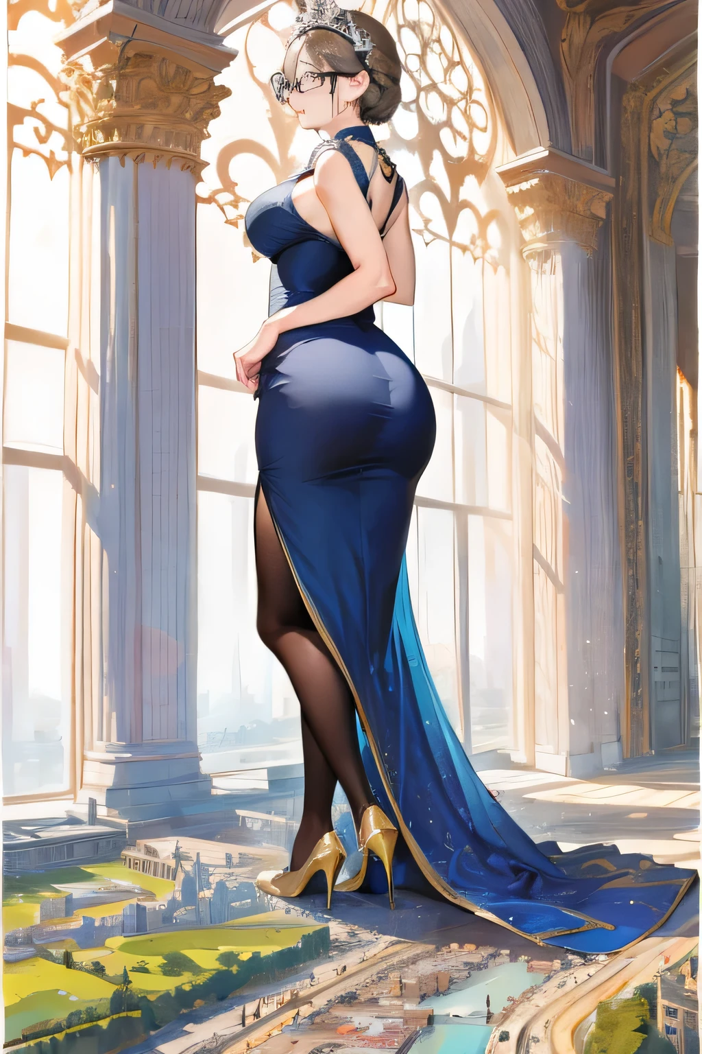 Giantの芸術, 非常に詳細なGiantショット, Giant, short hair, black pantyhose, A giant princess much bigger than a skyscraper, wearing rimless glasses, big breasts, big ass, White luxury dress, white pantyhose, white high heels, very small metropolis, miniature metropolis, full body description, ＧＴＳ, ギガGiant, Stomping City, crash city, Small town, micro city, High resolution, highest quality, masterpiece, princess dress, 