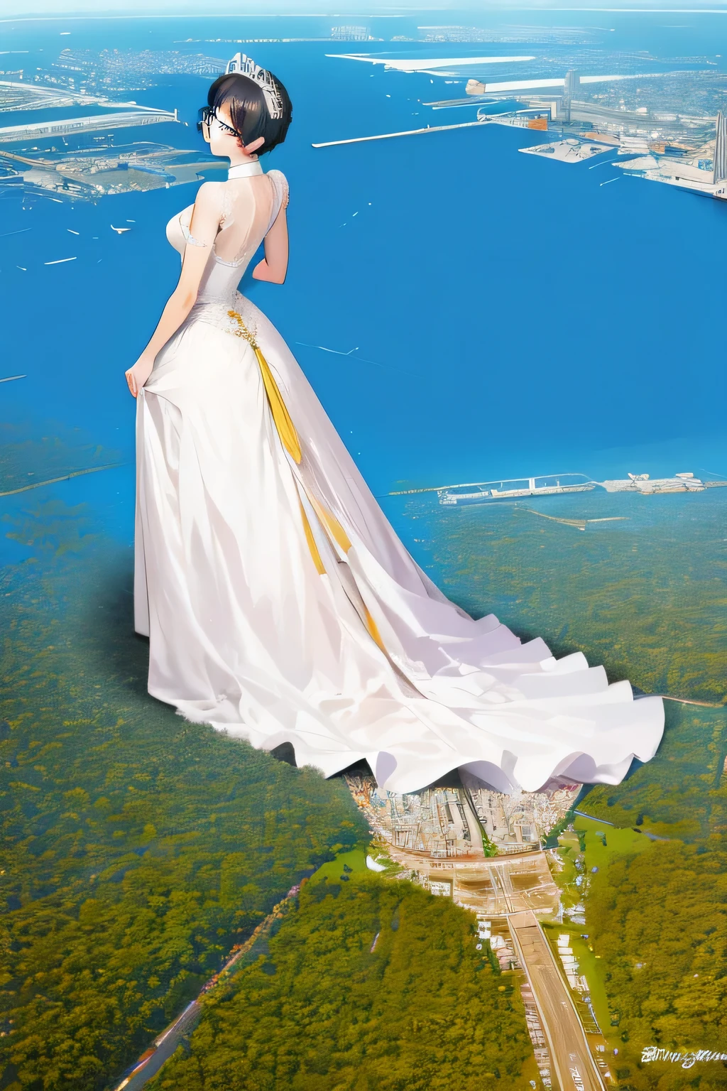 Giantの芸術, 非常に詳細なGiantショット, Giant, short hair, black pantyhose, A giant princess much bigger than a skyscraper, wearing rimless glasses, big breasts, big ass, White luxury dress, white pantyhose, white high heels, very small metropolis, miniature metropolis, full body description, ＧＴＳ, ギガGiant, Stomping City, crash city, Small town, micro city, High resolution, highest quality, masterpiece, princess dress, 