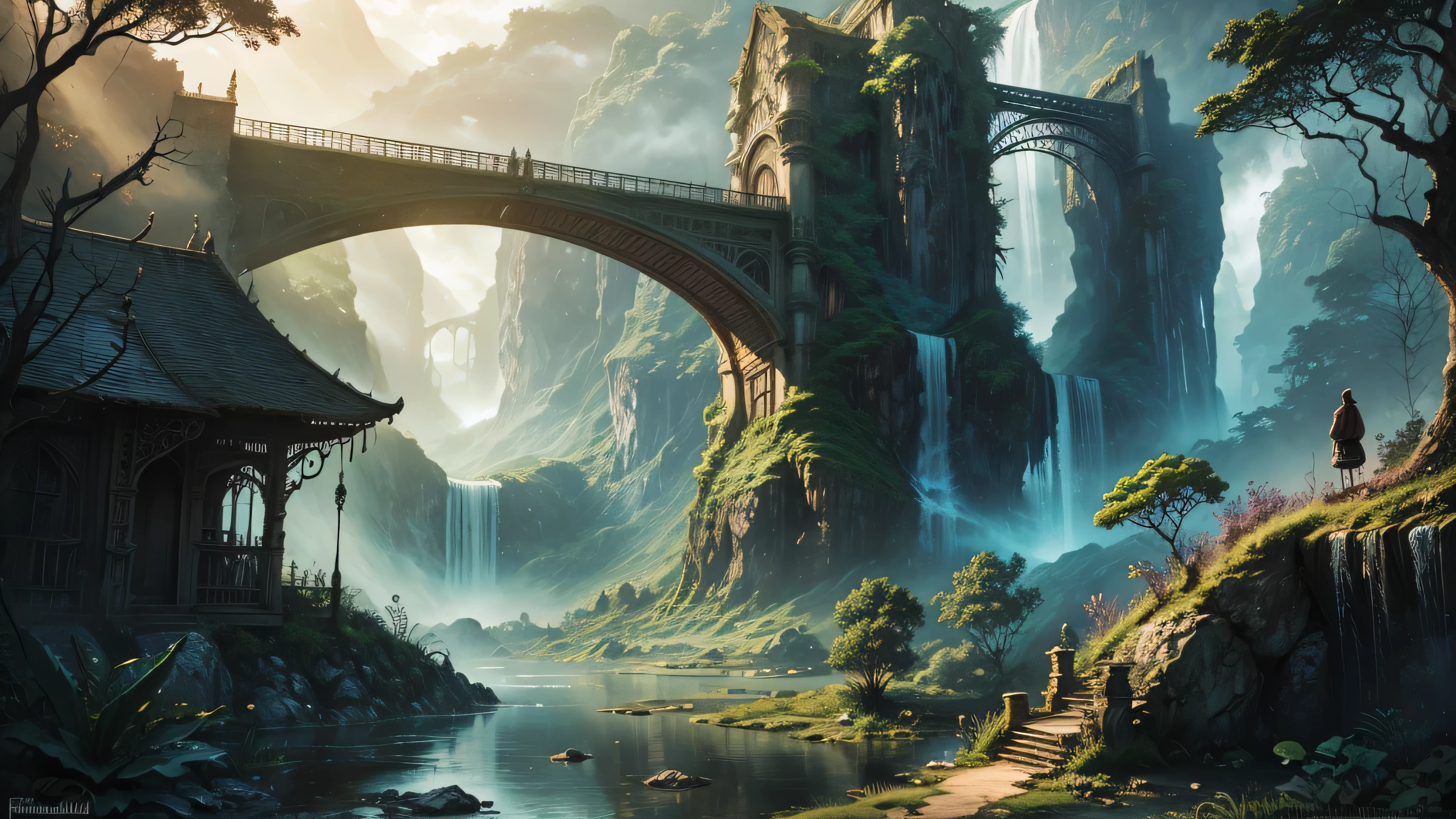 There is a waterfall in the middle of a tropical jungle, bela fantasia detalhada, fantasia altamente detalhada, fantasy scenic, arte digital de fantasia detalhada, Arte digital de fantasia 2D, arte digital detalhada de fantasia 2D, impressive paisagem de fantasia, fantasy pictorial style, arte estilo fantasia, medieval paisagem de fantasia, paisagem de fantasia, realistic fantasy illustration, Arte de fantasia 4k, cidade de fantasia