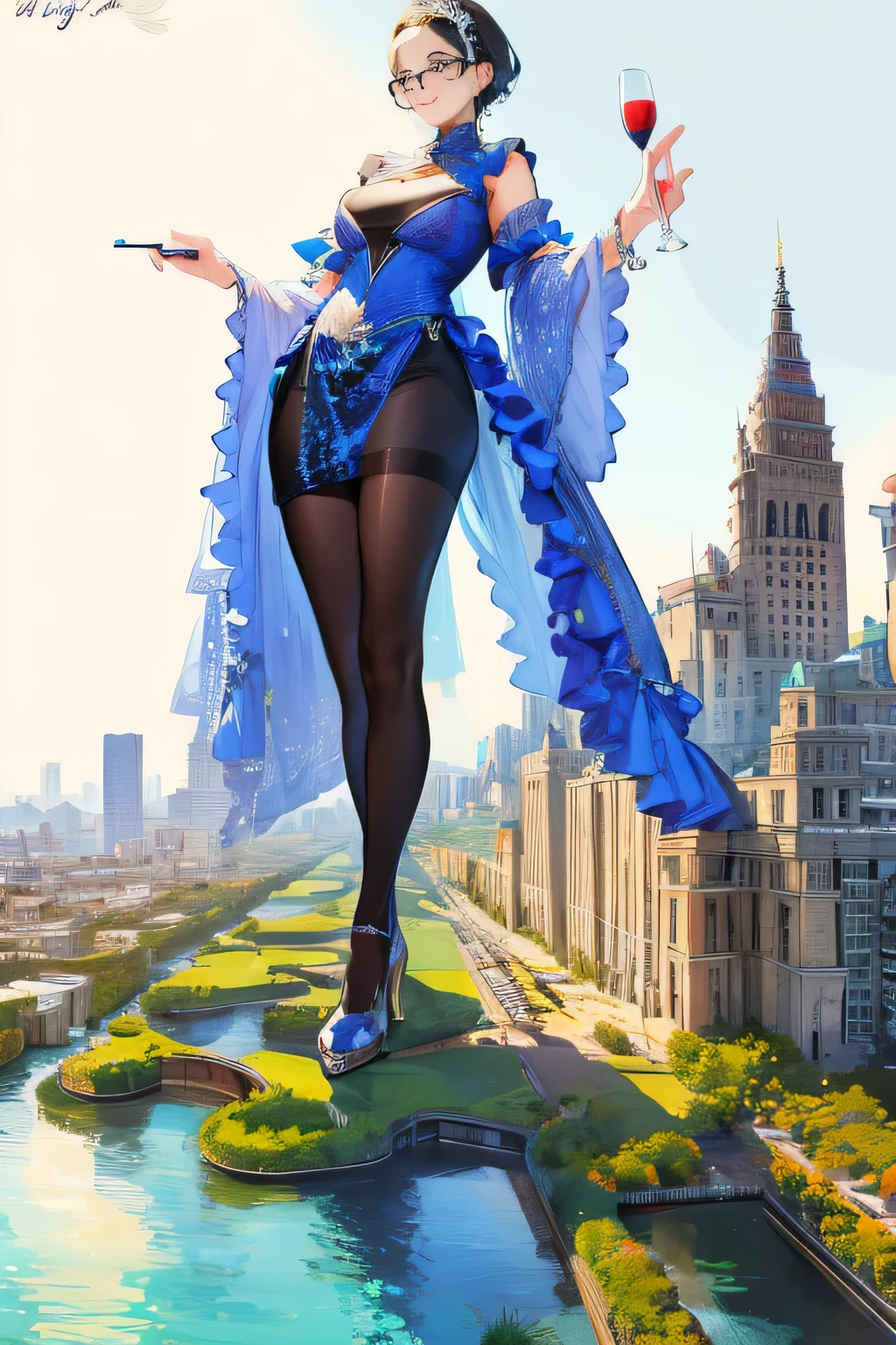 Giantの芸術, 非常に詳細なGiantショット, Giant, short hair, black pantyhose, A giant princess much bigger than a skyscraper, wearing rimless glasses, big breasts, big ass, White luxury dress, white pantyhose, white high heels, very small metropolis, miniature metropolis, full body description, GTS, ギガGiant, Stomping City, crash city, Small town, micro city, High resolution, highest quality, masterpiece, princess dress,