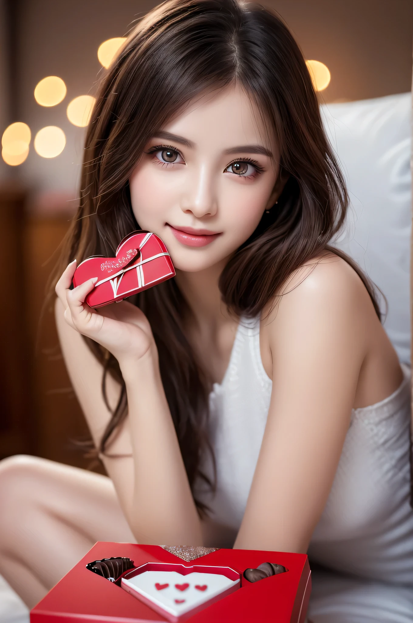 1 girl, (big round eyes:1.15), (Highly detailed beautiful face), smile shyly, (highest quality:1.4), 8k wallpaper that integrates high-definition CG, RAW photo, professional photos, cinematic lighting, flower hair ornament, ribbon, (valentine's day, valentine gift, Chocolates in a cute box:1.3), Depth of bounds written