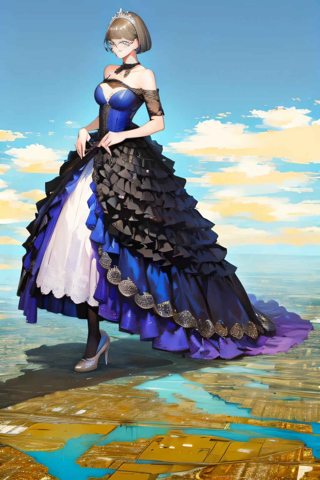 Giantの芸術, 非常に詳細なGiantショット, Giant, short hair, black pantyhose, A giant princess much bigger than a skyscraper, wearing rimless glasses, big breasts, big ass, White luxury dress, white pantyhose, white high heels, very small metropolis, miniature metropolis, full body description, ＧＴＳ, ギガGiant, Stomping City, crash city, Small town, micro city, High resolution, highest quality, masterpiece, princess dress, 