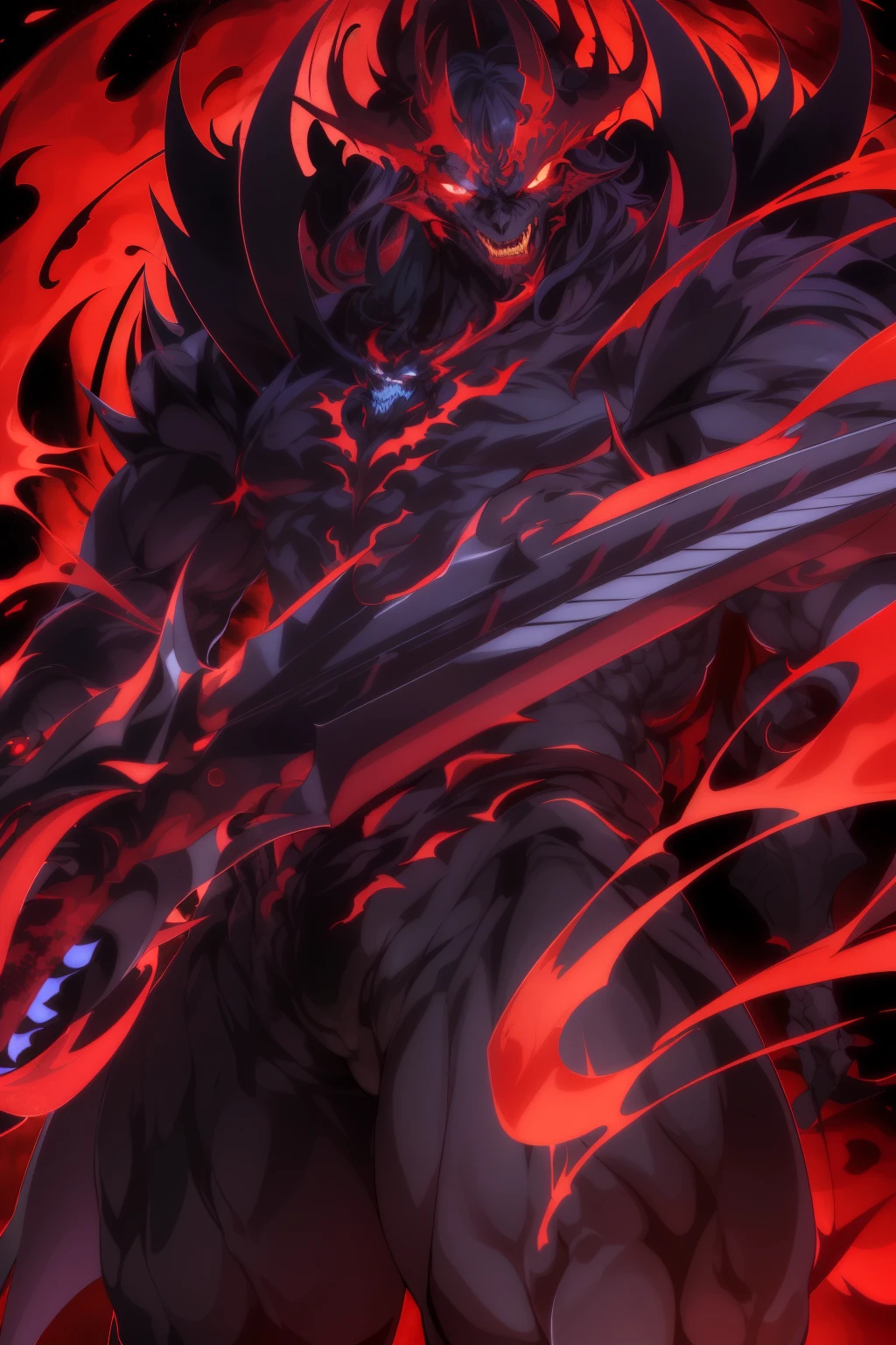 An ultra-detailed wide-angle camera shot captures the imposing figure of an anime demon lord, exuding an air of menacing power and dark charisma. With a towering physique and jet-black horns curling from his head, his form casts ominous shadows against the backdrop of a fiery, crimson sky adorned with swirling, ominous clouds. His piercing, red eyes blaze with an otherworldly energy, reflecting the intense light that dances across his razor-edged features. Clad in a formidable, winged armor, intricately designed with complex patterns and sharp edges, the demon lord's every muscle is defined