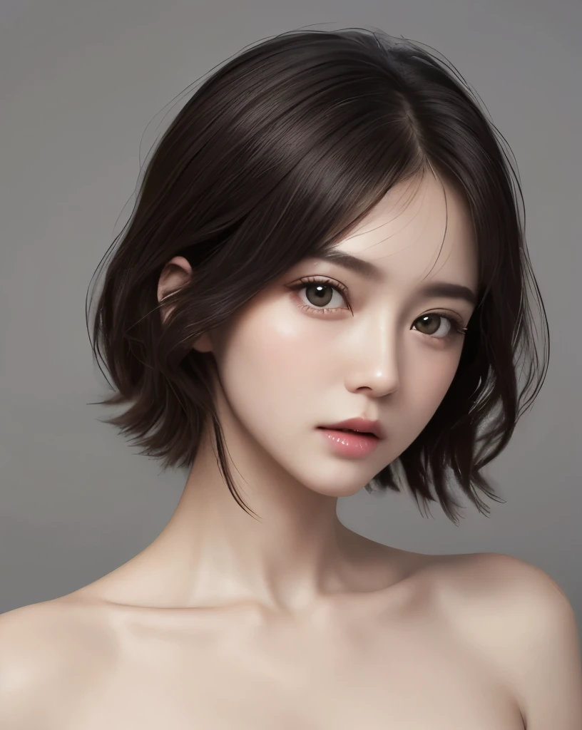 cinematic lighting、perfection、soft light、High resolution skin:1.2、realistic skin texture、30 year old mature woman、beautiful features、small face、no makeup、Bust B Cup、Detailed beautiful eyes、、short hair、dark brown hair、full nude、cool pose、sexy pose、gray background、