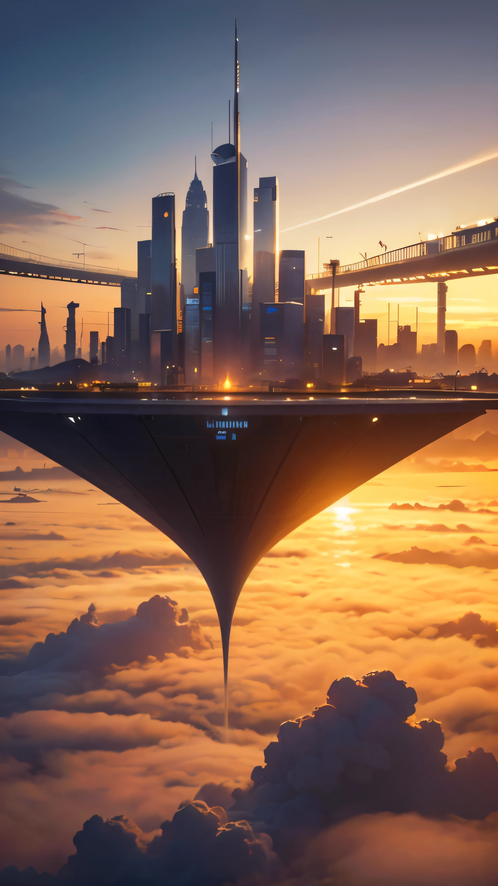 Influencer girl in yellow space suit on skywalk, glass bridge viewing floating city, in background show (Best quality,4K,8K,A high resolution,Masterpiece:1.2),Ultra-detailed,(Realistic,Photorealistic,photo-realistic:1.37),Futuristic floating city,Futuristic technology,Huge high-tech tablet platform,Floating in the sky,Futuristic city,Small airships around,High-tech hemispherical platform, city floating on lots of yellow clouds, city on top of dusty clouds, yellow clouds at bottom, golden orange yellow tones ,sunset, hot weather, girl standing on glass bridge enthusiasm, laughing smiling, girl in yellow spacesuit. capture venus terrains yellow and brown land, dusty environment, hot summer, desert weather.  view from standing on glass bridgebridge.  Title: A Utopian Metropolis in the Clouds Keywords: Majestic, Awe-inspiring, Futuristic, Whimsical, Celestial Description: This collection envisions a utopian sky city floating amidst the clouds. Featuring sweeping vistas, towering skyscrapers, and celestial dreamscapes, each piece paints a vision of an idyllic metropolis high above Earth. With an art style that combines futurism and whimsy, this series aims to capture the grandeur and wonder of an imaginary world suspended in the heavens. A city of boundless optimism, freedom and imagination. 