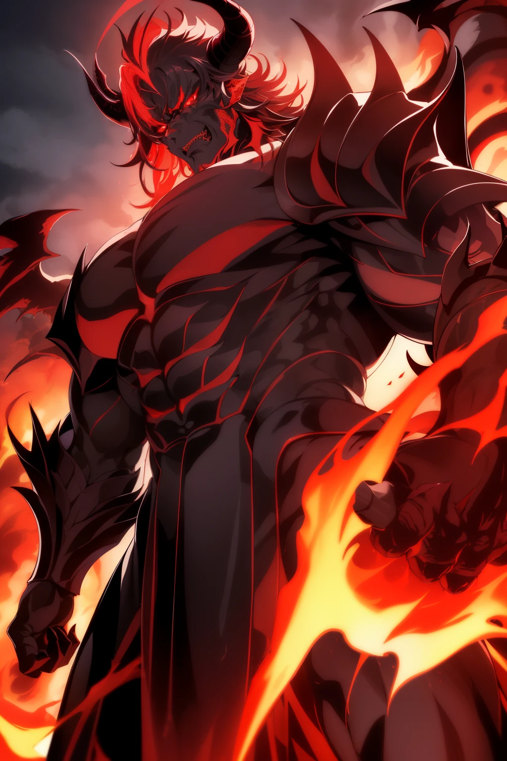 An ultra-detailed wide-angle camera shot captures the imposing figure of an anime demon lord, exuding an air of menacing power and dark charisma. With a towering physique and jet-black horns curling from his head, his form casts ominous shadows against the backdrop of a fiery, crimson sky adorned with swirling, ominous clouds. His piercing, red eyes blaze with an otherworldly energy, reflecting the intense light that dances across his razor-edged features. Clad in a formidable, winged armor, intricately designed with complex patterns and sharp edges, the demon lord's every muscle is defined